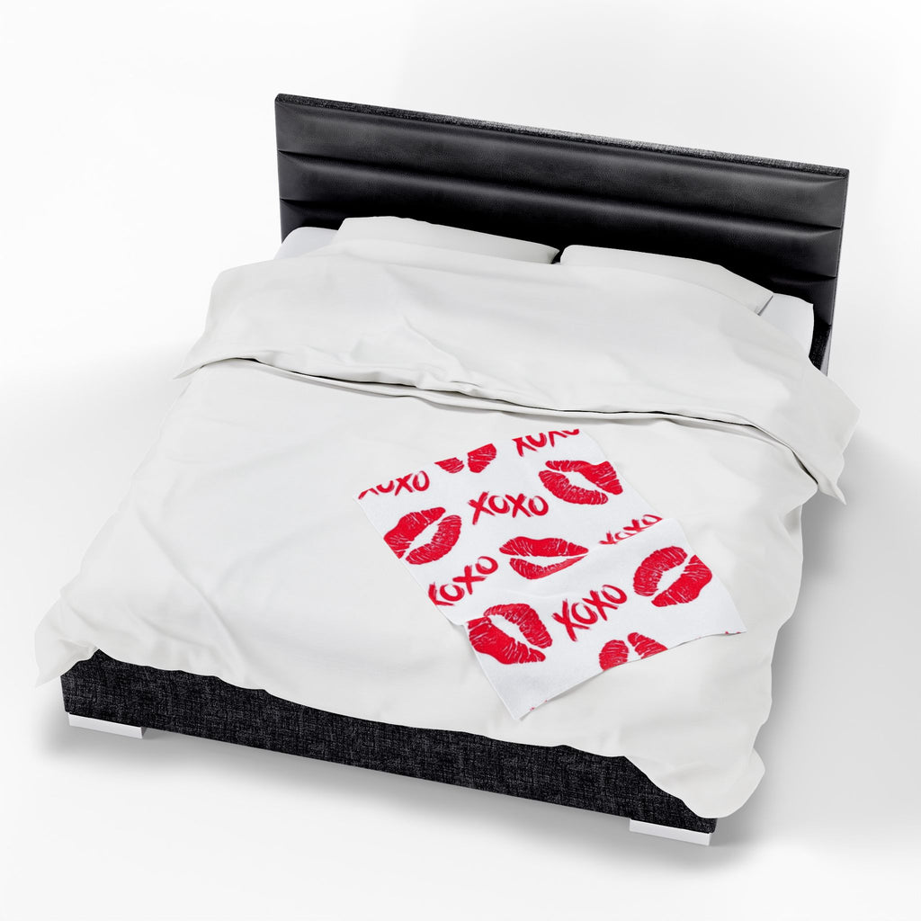 Velveteen Plush Blanket — Red Kiss Prints with XOXO Pattern (Valentine’s Cozy Throw)