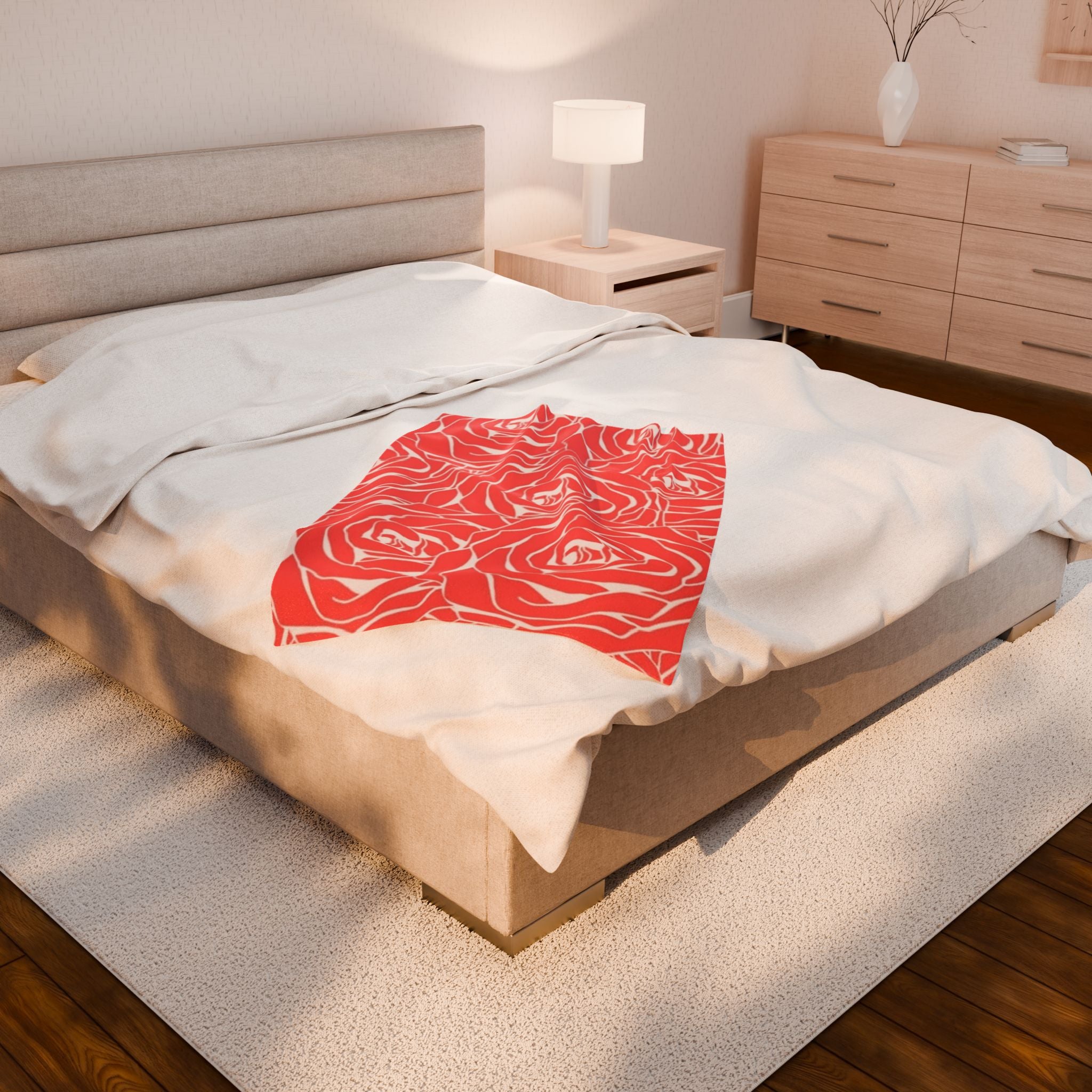 Rose Pattern Plush Blanket — Coral Velveteen Throw