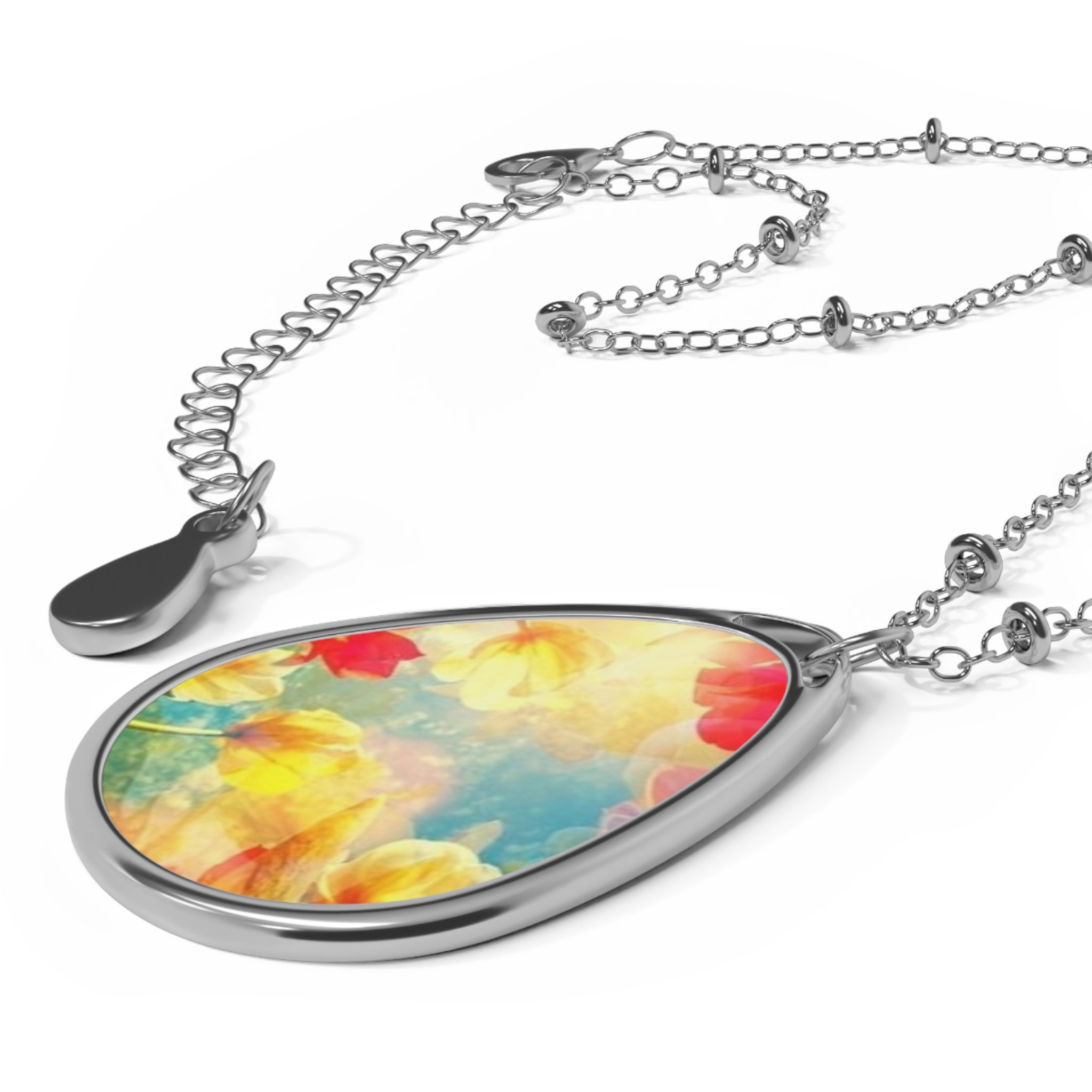 Floral Watercolor Oval Pendant Necklace — Colorful Teardrop Charm