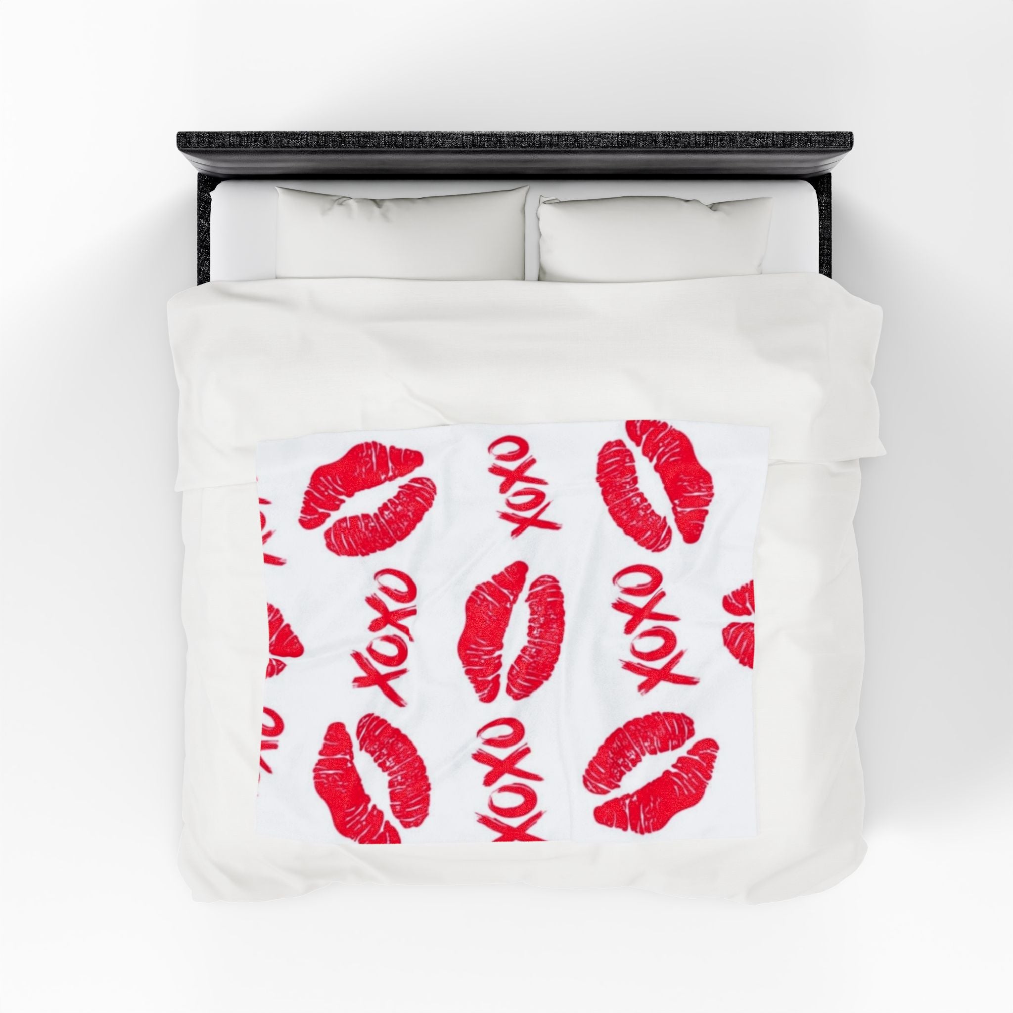 Velveteen Plush Blanket — Red Kiss Prints with XOXO Pattern (Valentine’s Cozy Throw)