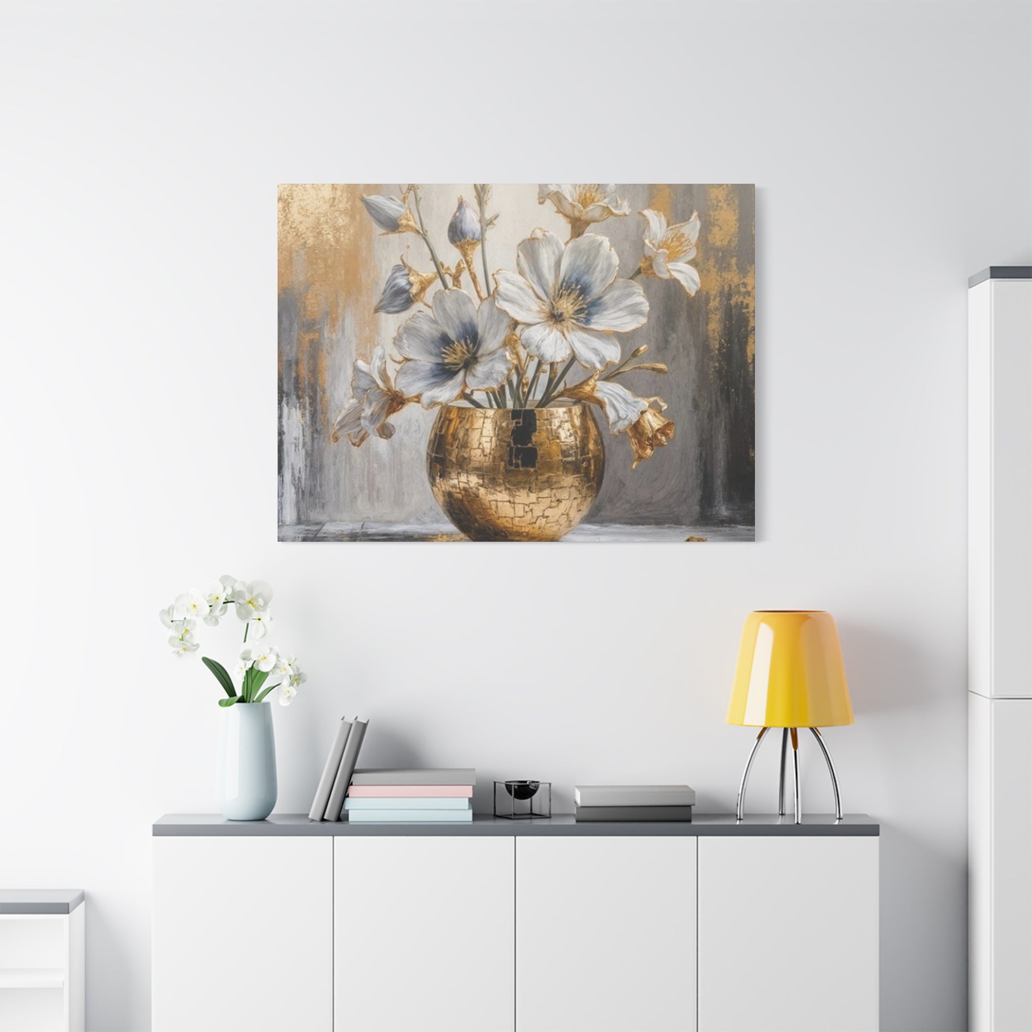 Floral Gold Vase Canvas Print — Elegant White & Blue Flower Wall Art