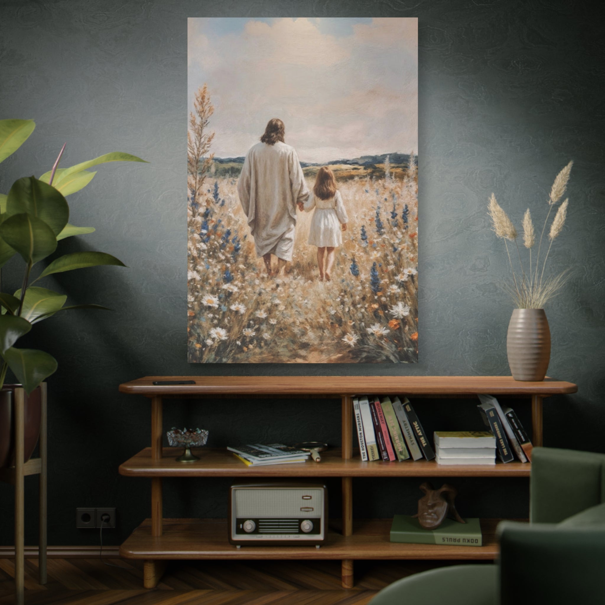Jesus and Child Walking in Field Canvas Art - Religious Wall Decor