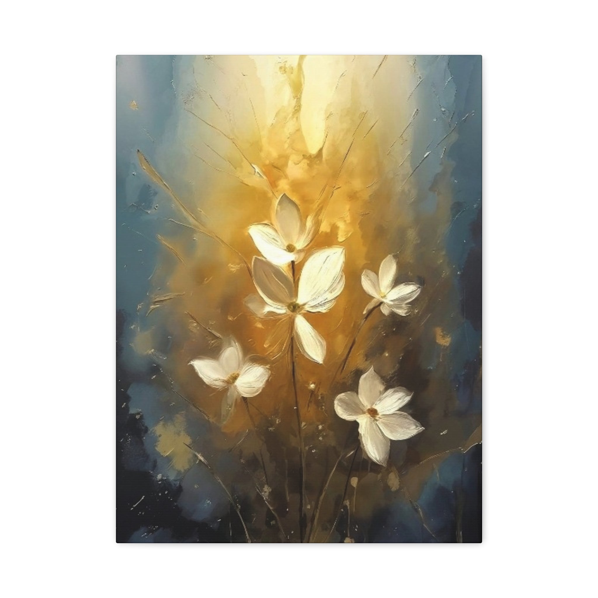 Golden Floral Canvas Print – Abstract White Flowers on Matte Stretched Canvas