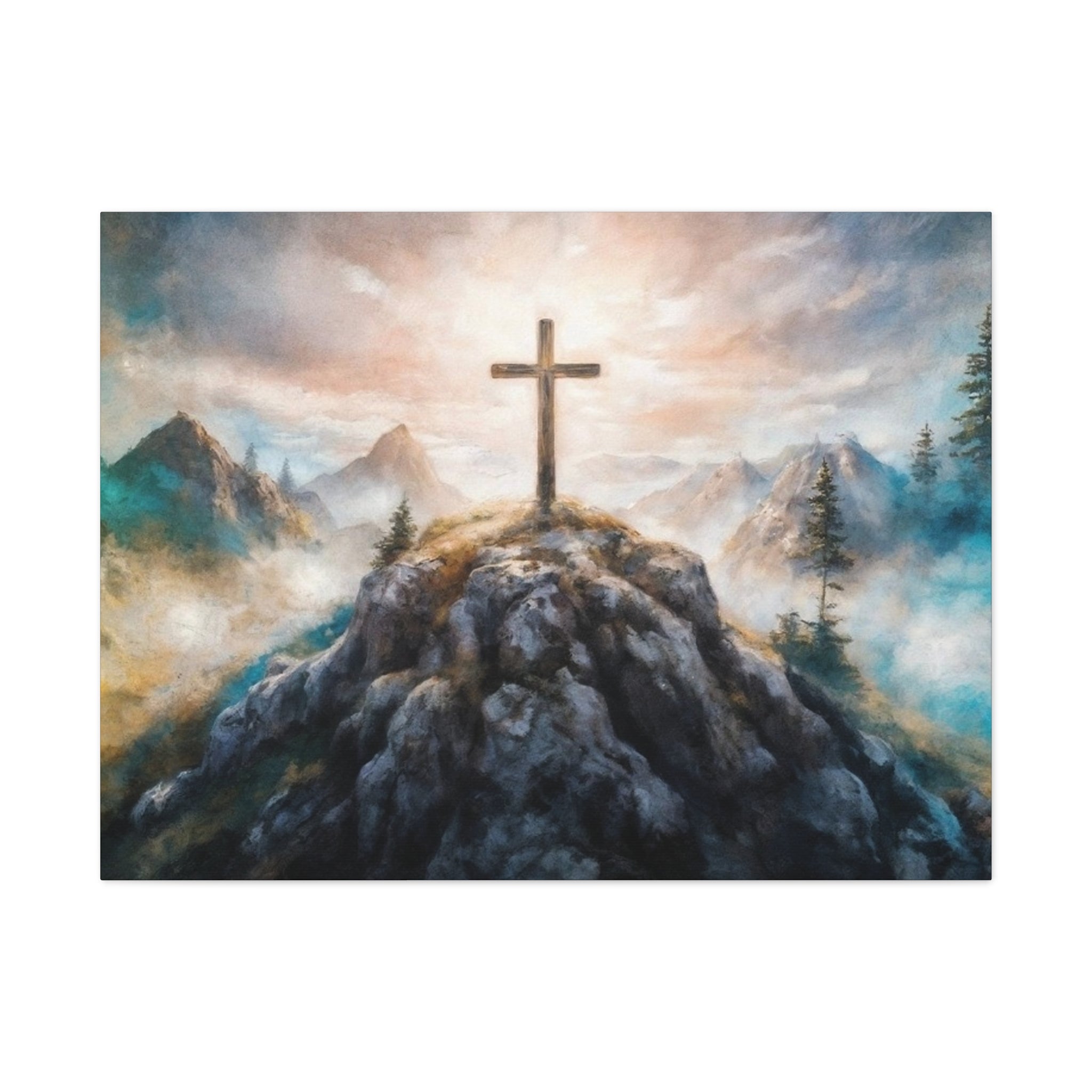 Cross on Mountain Matte Canvas Wall Art — Christian Inspirational Landscape
