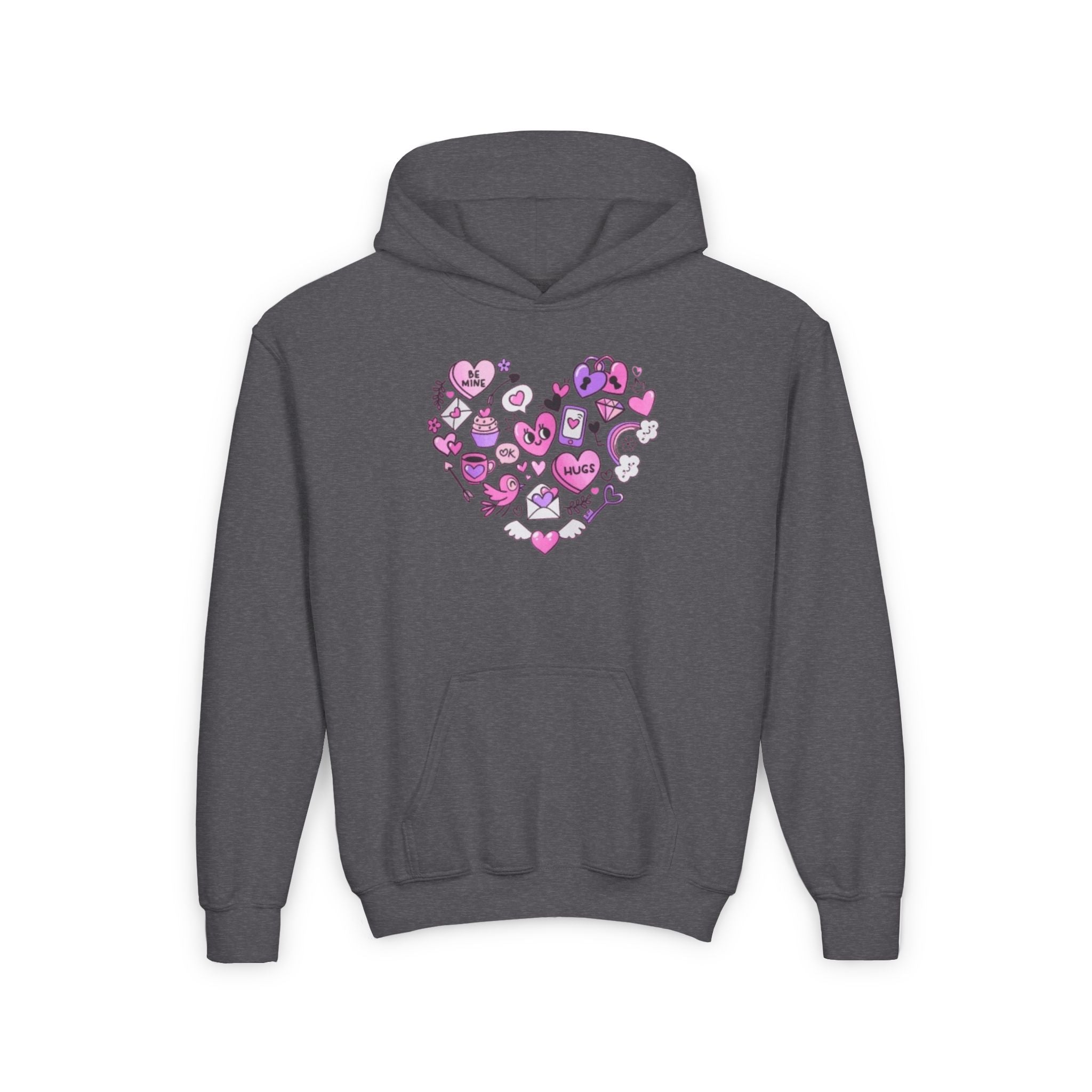 Youth Heart Doodle Hoodie — Pink Valentine Love Graphic Sweatshirt