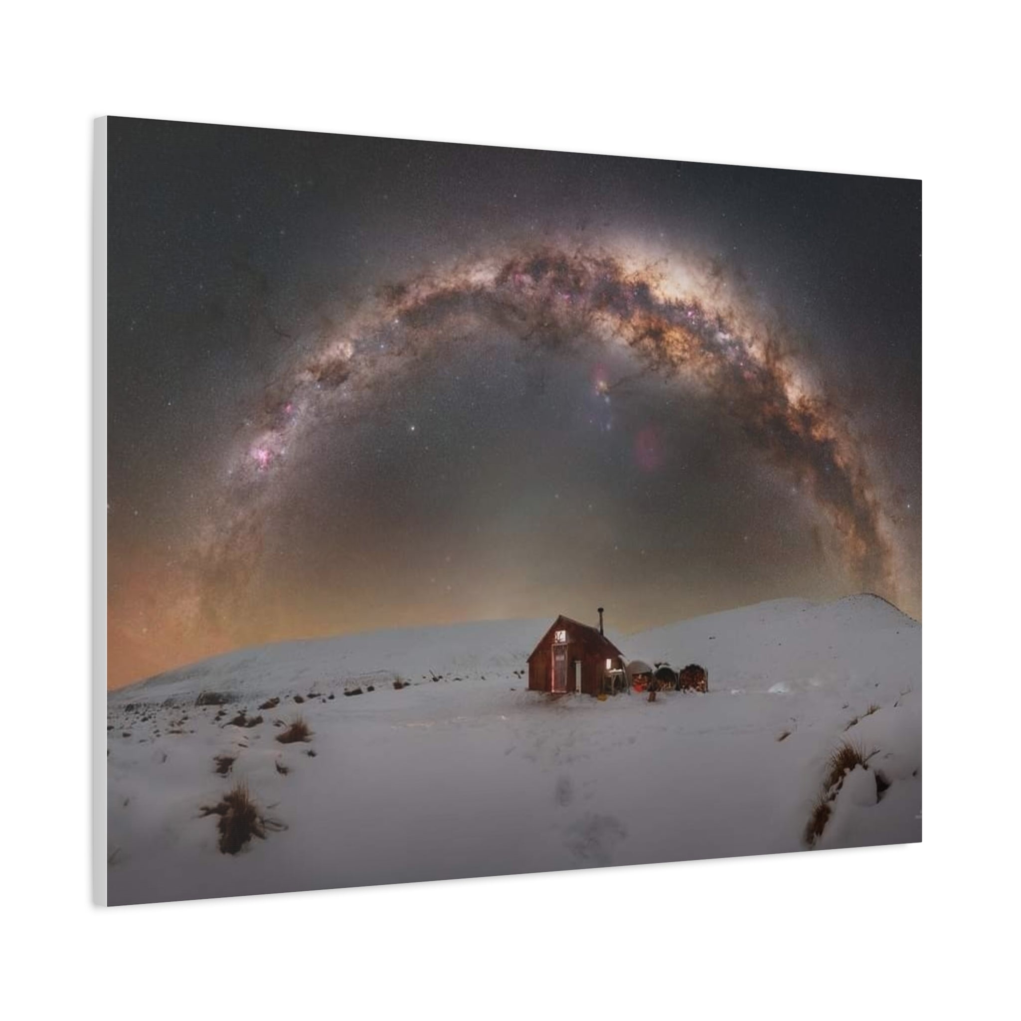 Milky Way Over Snowy Cabin — Matte Stretched Canvas Wall Art