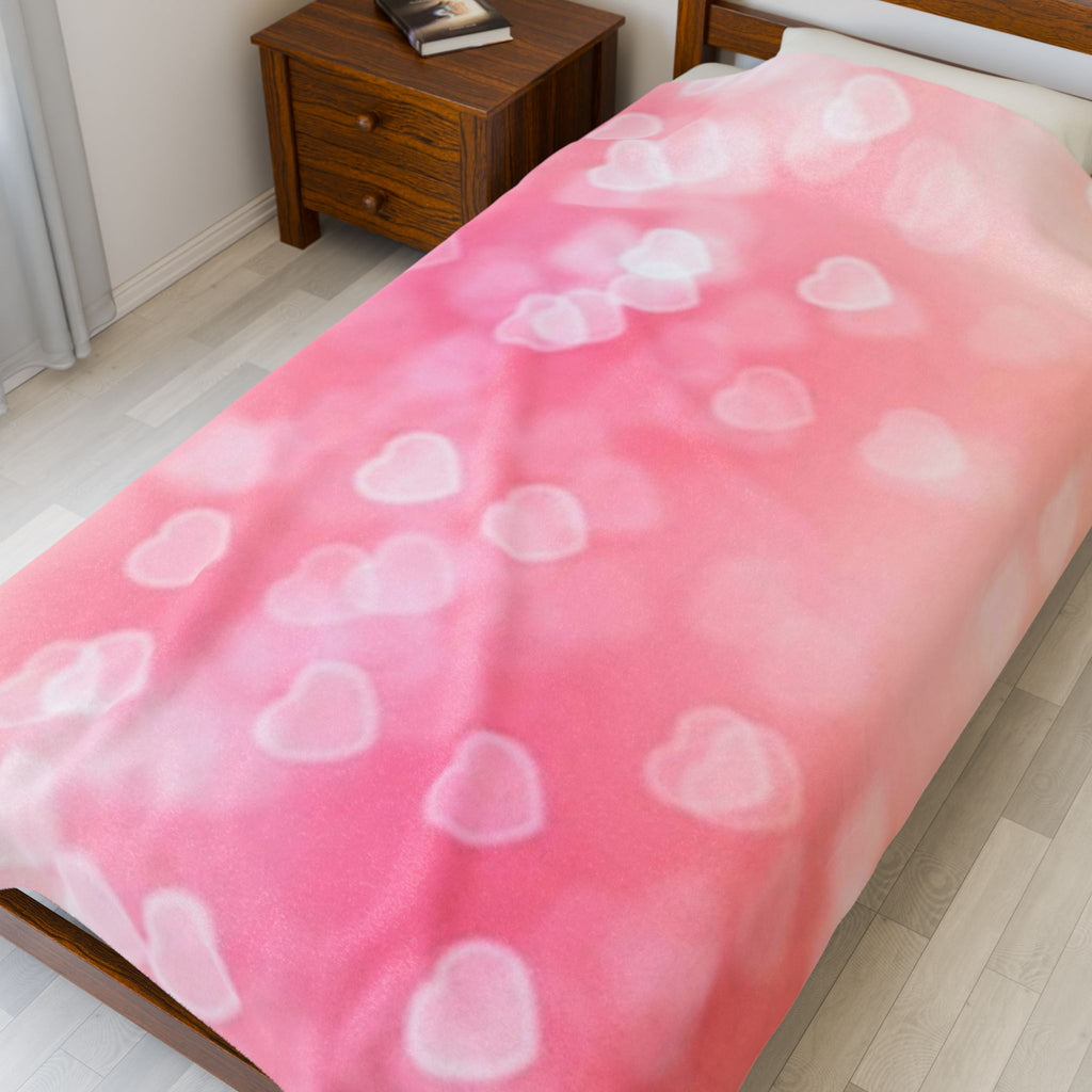 Pink Heart Bokeh Velveteen Plush Blanket — Soft Romantic Throw for Valentine’s Day & Cozy Nights