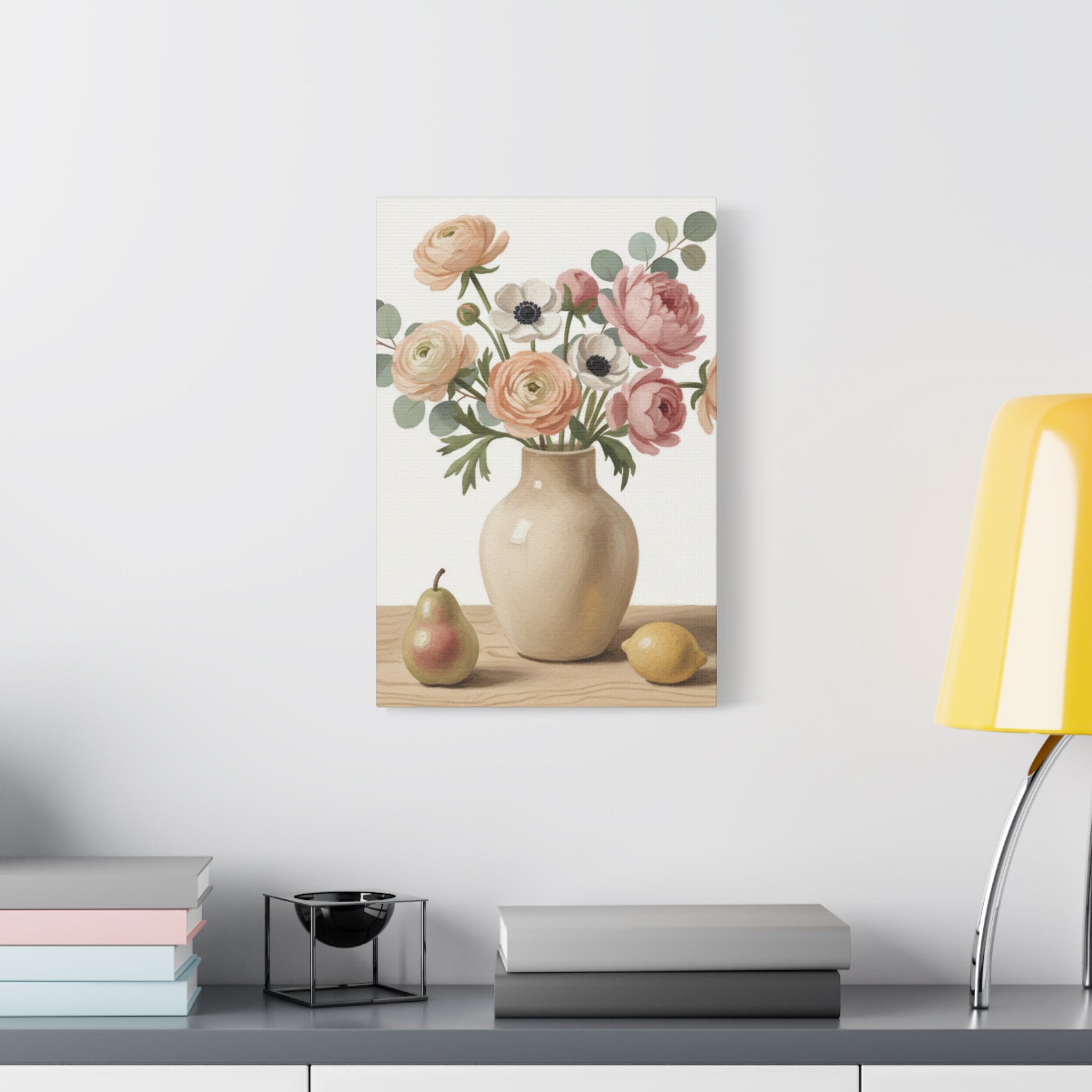 Floral Vase Canvas Wall Art — Pastel Peonies & Ranunculus Stretched Print