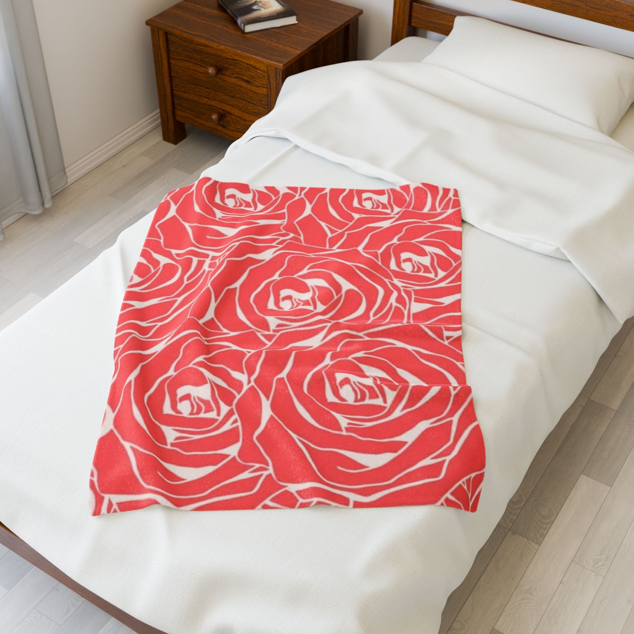 Rose Pattern Plush Blanket — Coral Velveteen Throw