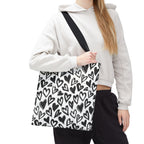 Heart Pattern Tote Bag — Black & White Hand-Drawn Hearts All-Over Print