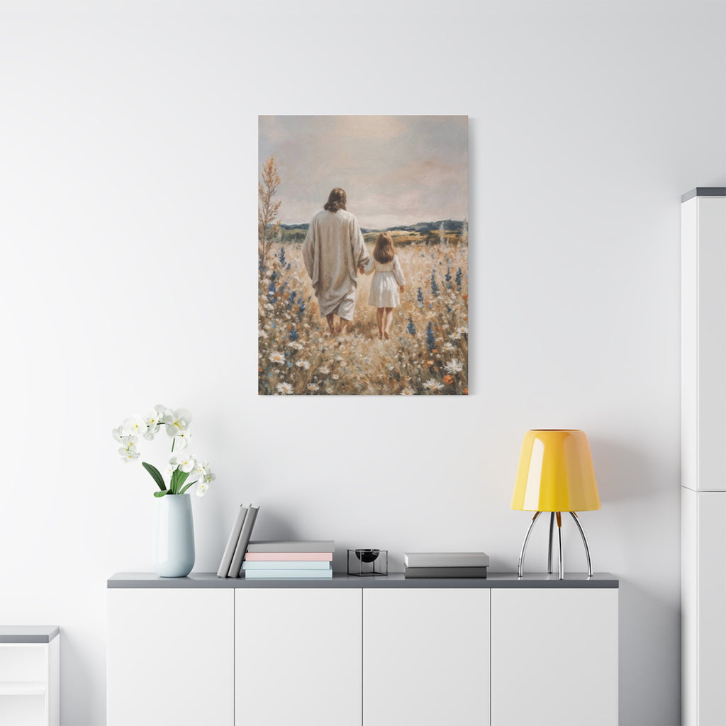 Jesus and Child Walking in Field Canvas Art - Religious Wall Decor