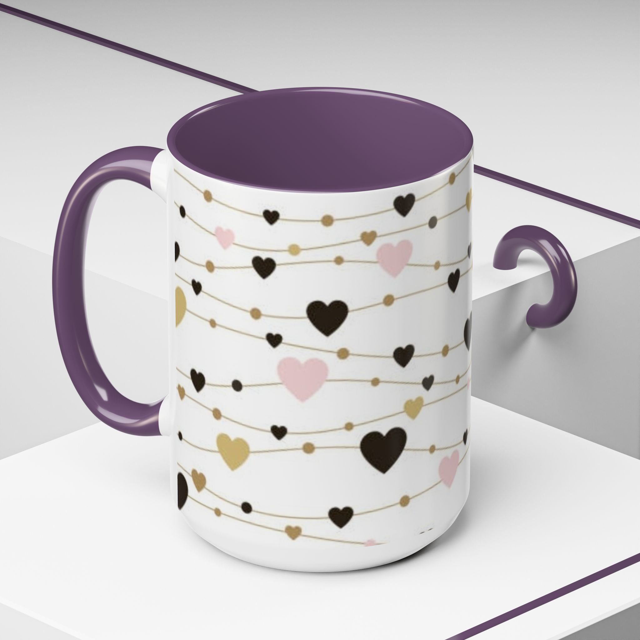 Heart Garland Accent Coffee Mug — Pink & Gold Valentine Ceramic