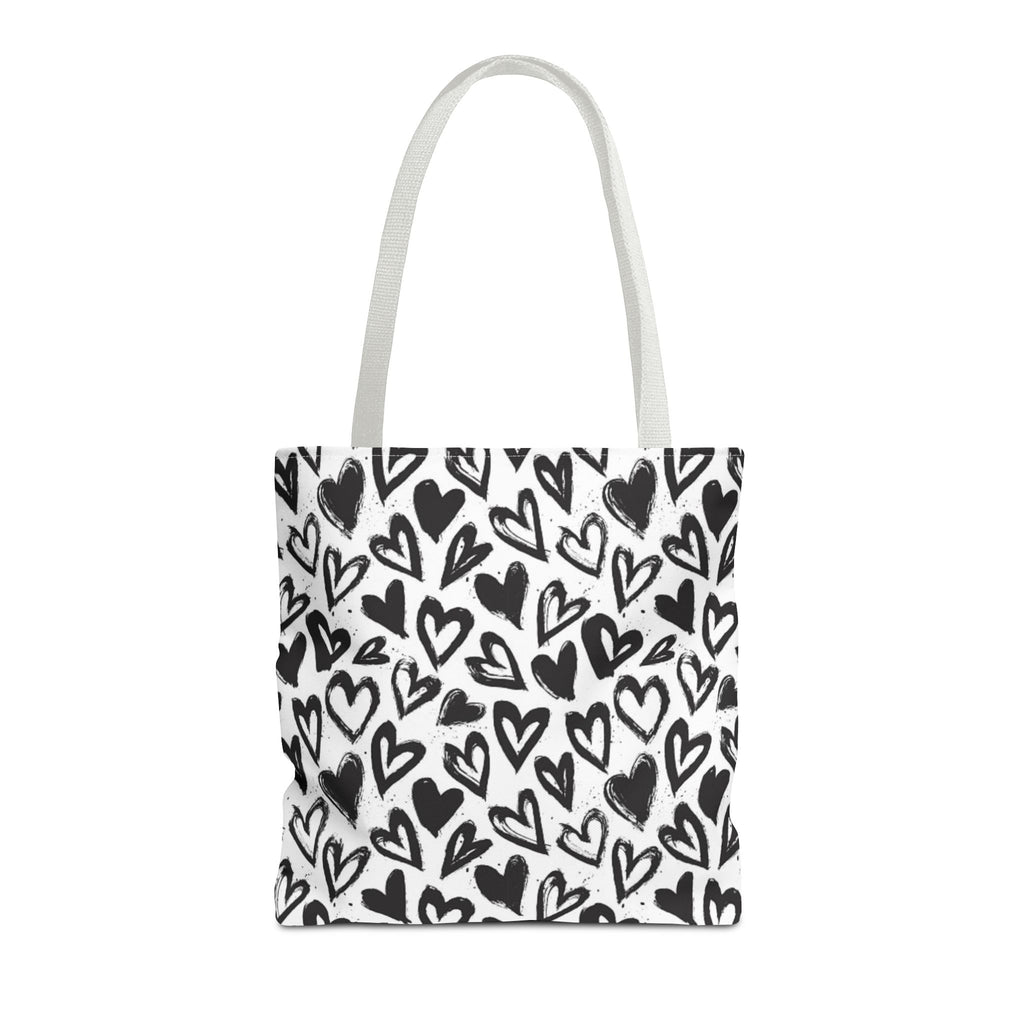 Heart Pattern Tote Bag — Black & White Hand-Drawn Hearts All-Over Print