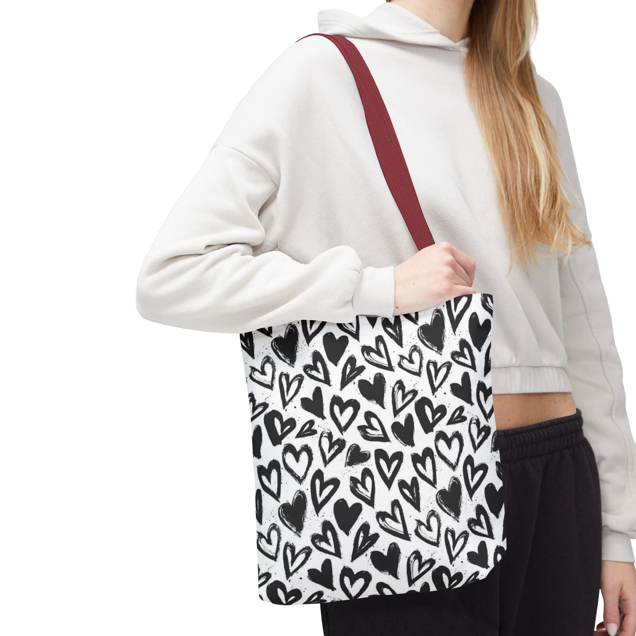 Heart Pattern Tote Bag — Black & White Hand-Drawn Hearts All-Over Print