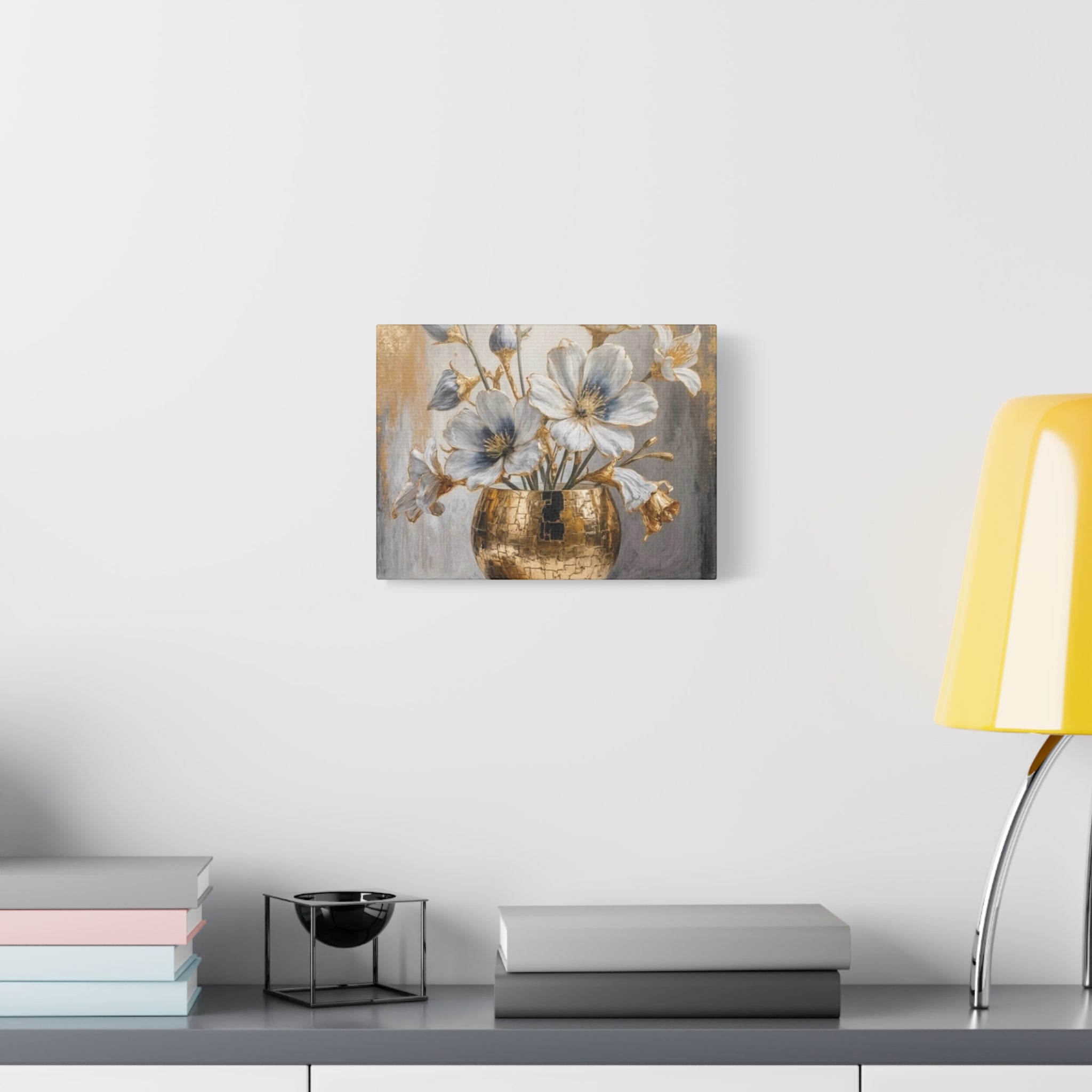 Floral Gold Vase Canvas Print — Elegant White & Blue Flower Wall Art