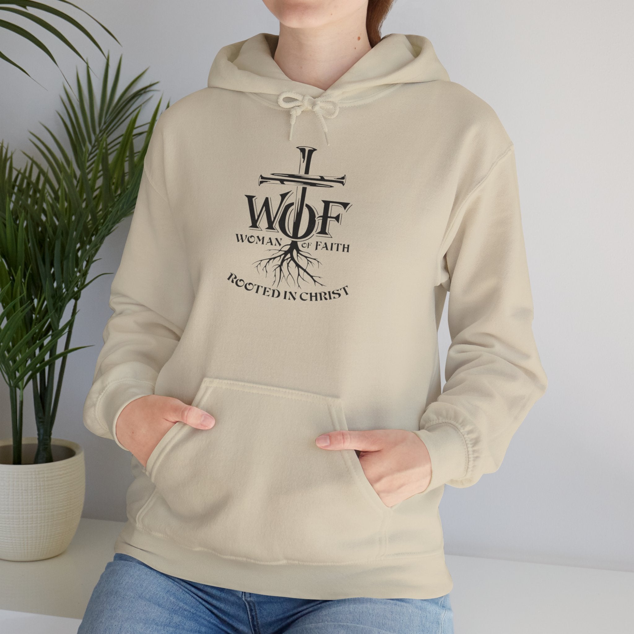 Hoodie — "W.O.F. Woman of Faith" Cross Christian Graphic Pullover