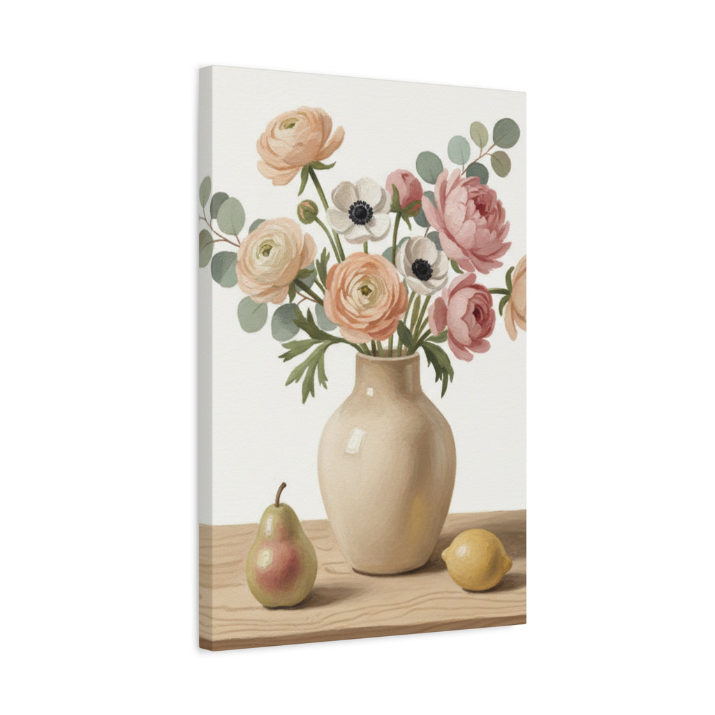 Floral Vase Canvas Wall Art — Pastel Peonies & Ranunculus Stretched Print
