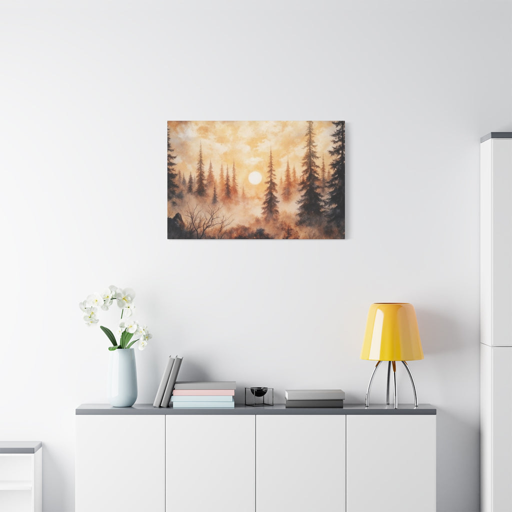 Canvas Wall Art - Misty Pine Forest Sunrise Matte Stretched Canvas