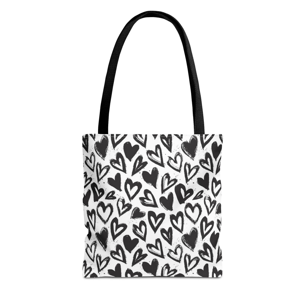 Heart Pattern Tote Bag — Black & White Hand-Drawn Hearts All-Over Print