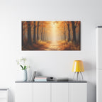 Autumn Forest Path Matte Canvas Wall Art — Golden Sunlit Woodland Scene