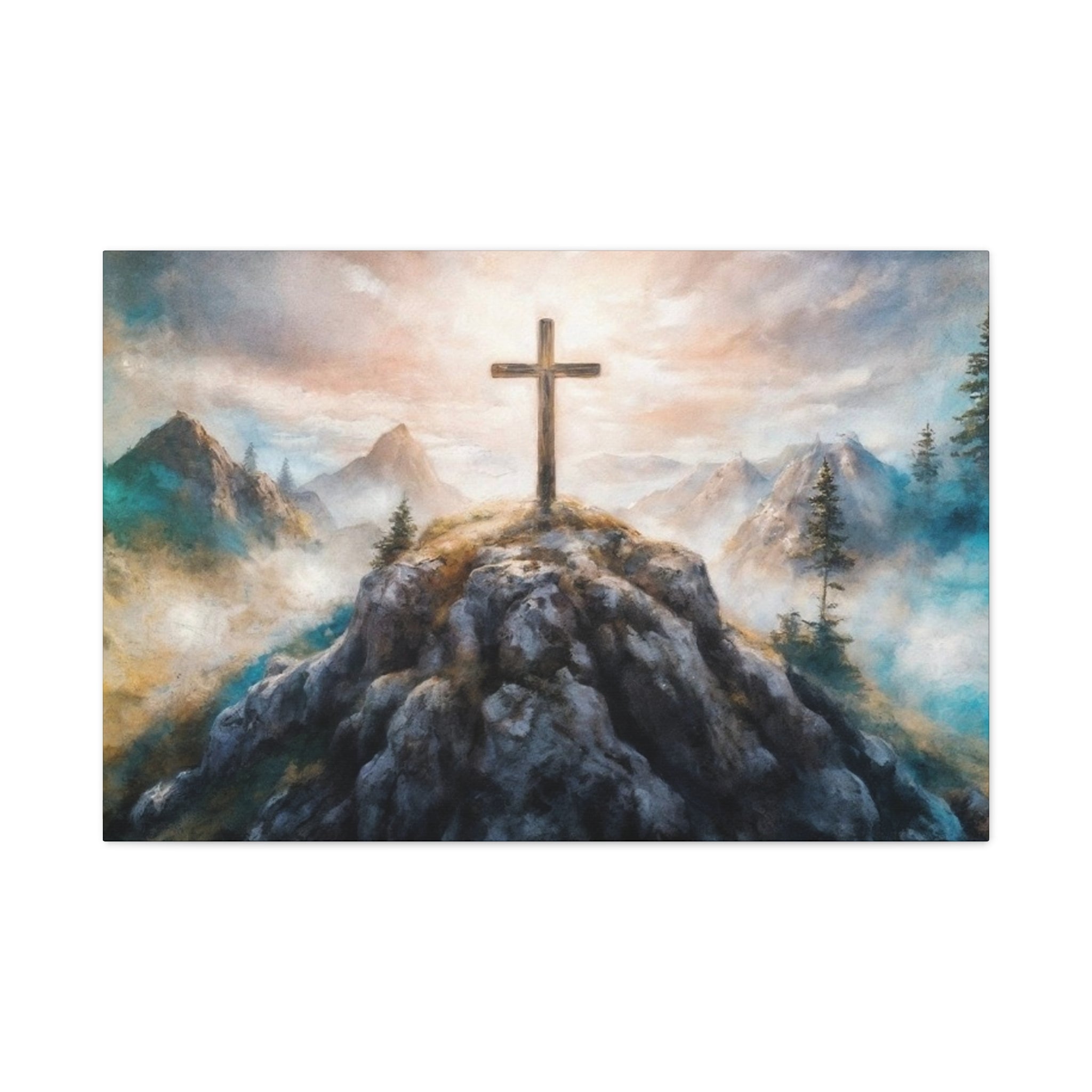 Cross on Mountain Matte Canvas Wall Art — Christian Inspirational Landscape