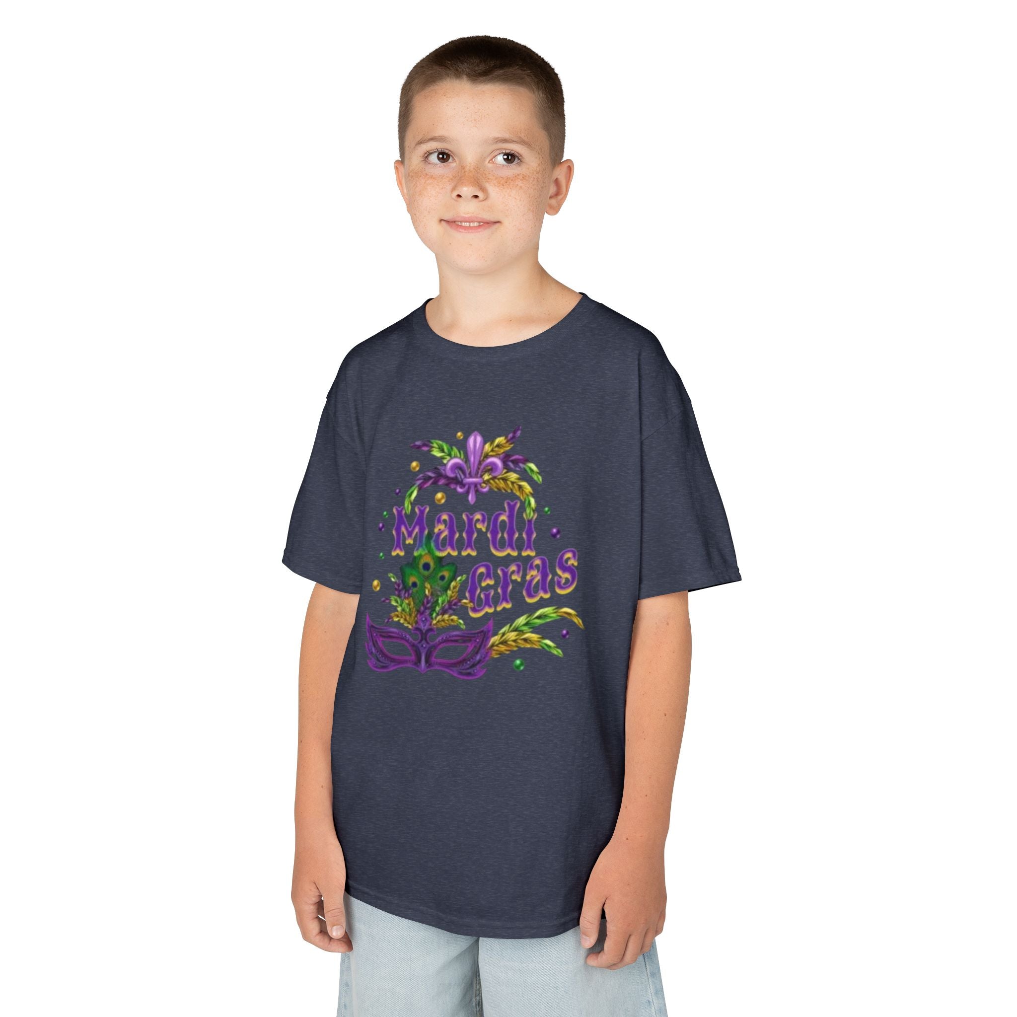Kids Mardi Gras T-Shirt — Purple & Green Mask Design