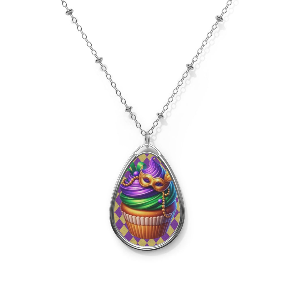Mardi Gras Cupcake Oval Necklace — Festive Masquerade Pendant