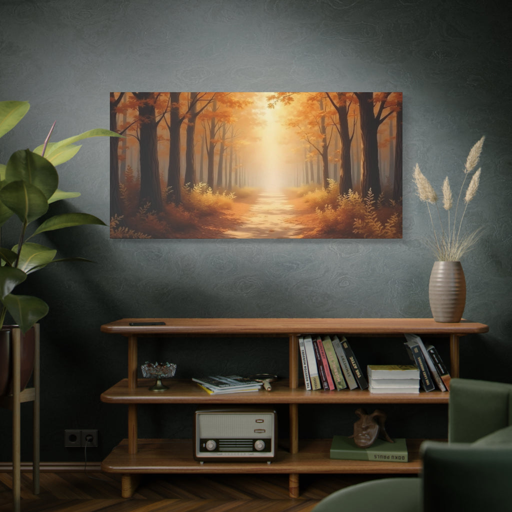 Autumn Forest Path Matte Canvas Wall Art — Golden Sunlit Woodland Scene