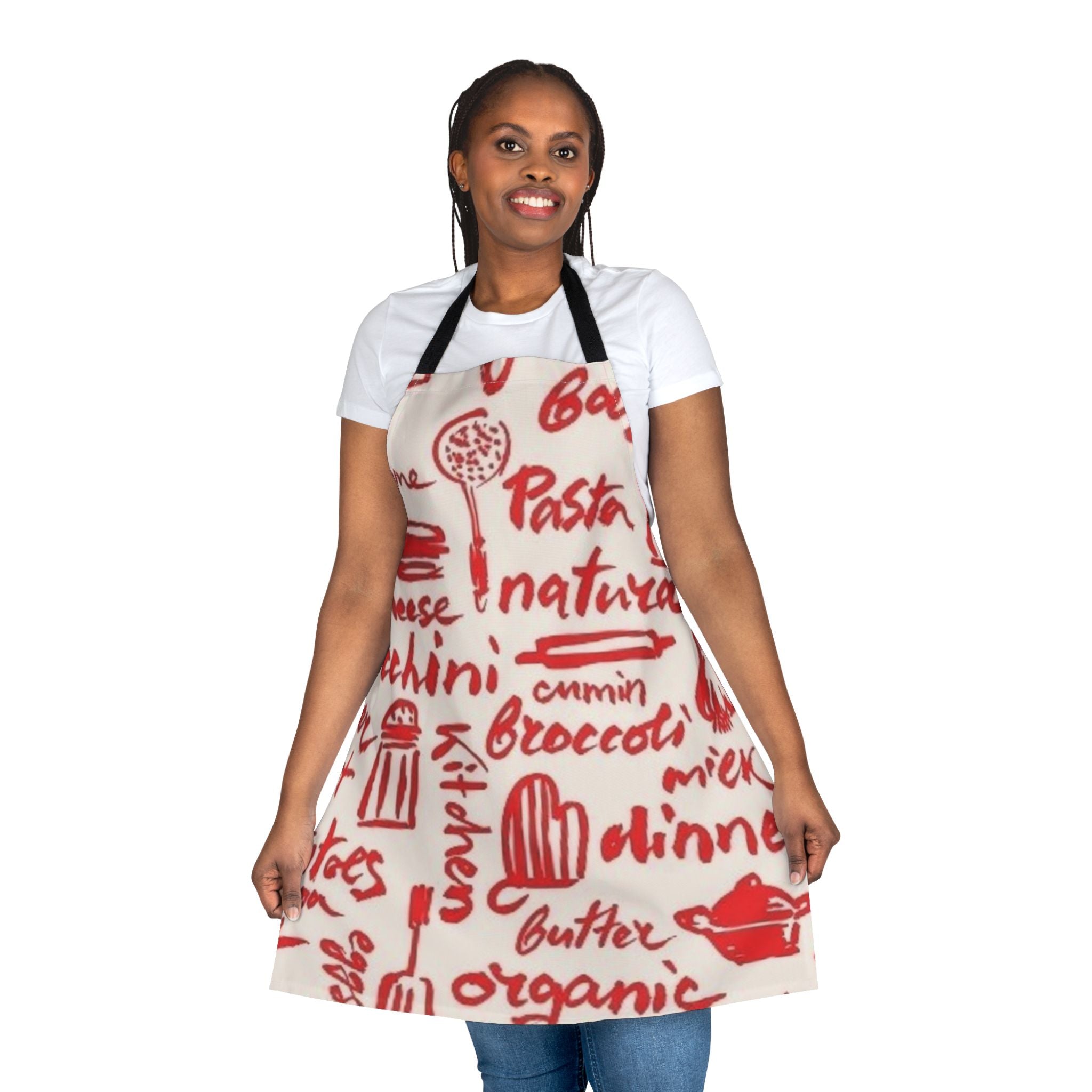 Kitchen Script Apron — Red Cooking Words Design
