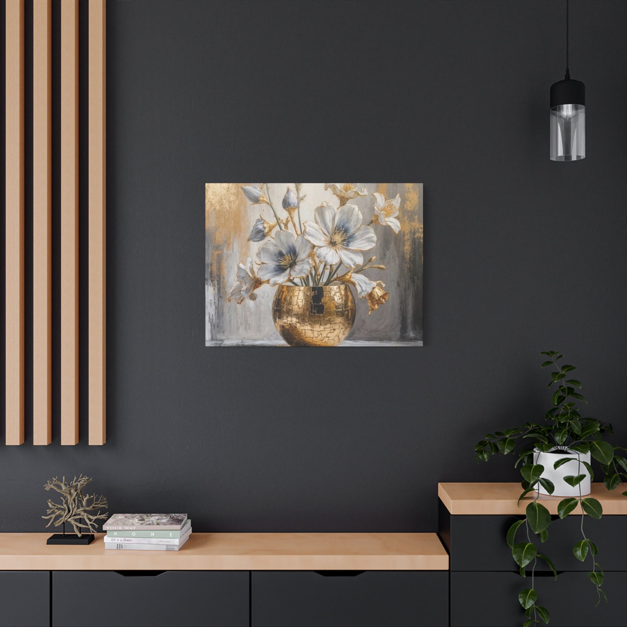 Floral Gold Vase Canvas Print — Elegant White & Blue Flower Wall Art