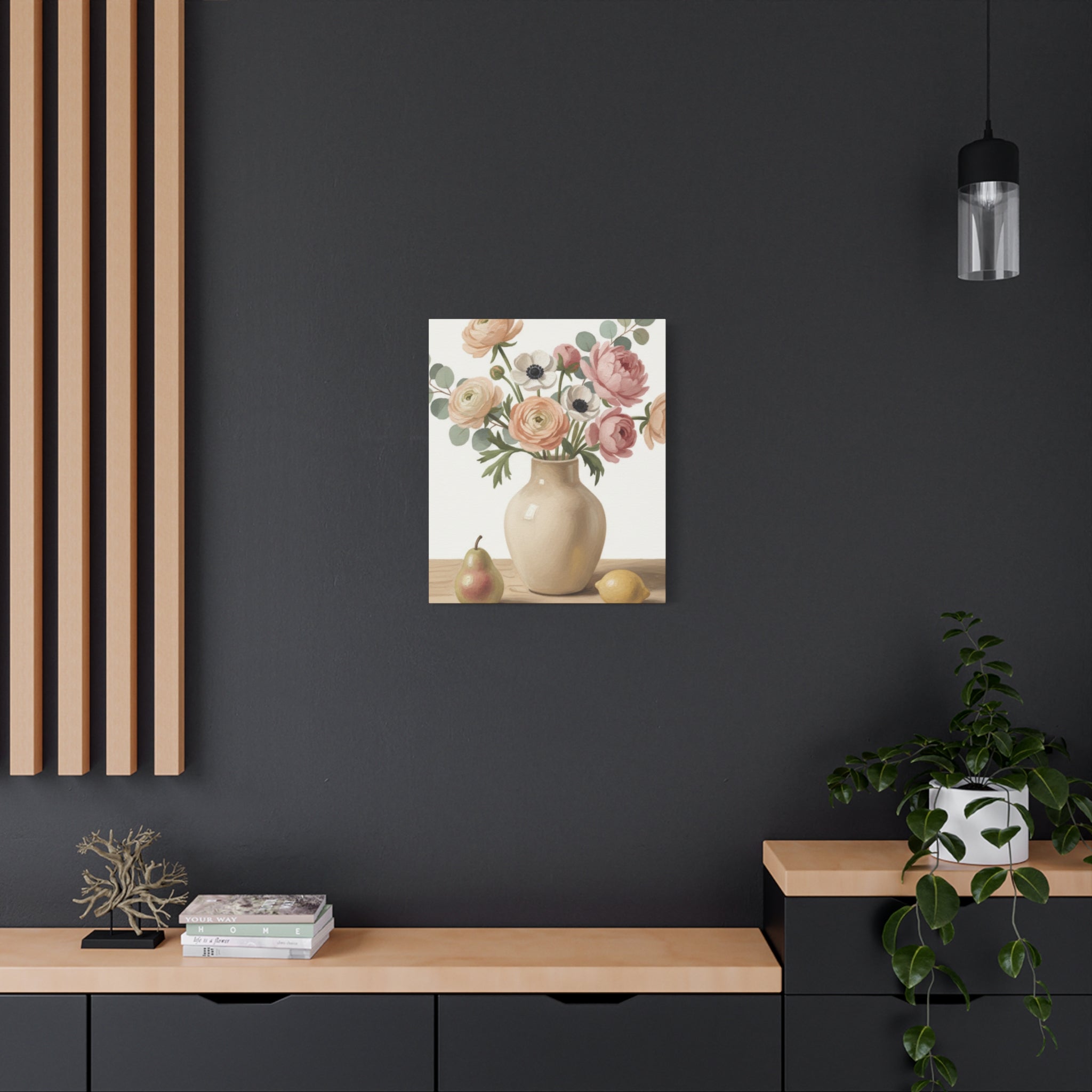 Floral Vase Canvas Wall Art — Pastel Peonies & Ranunculus Stretched Print