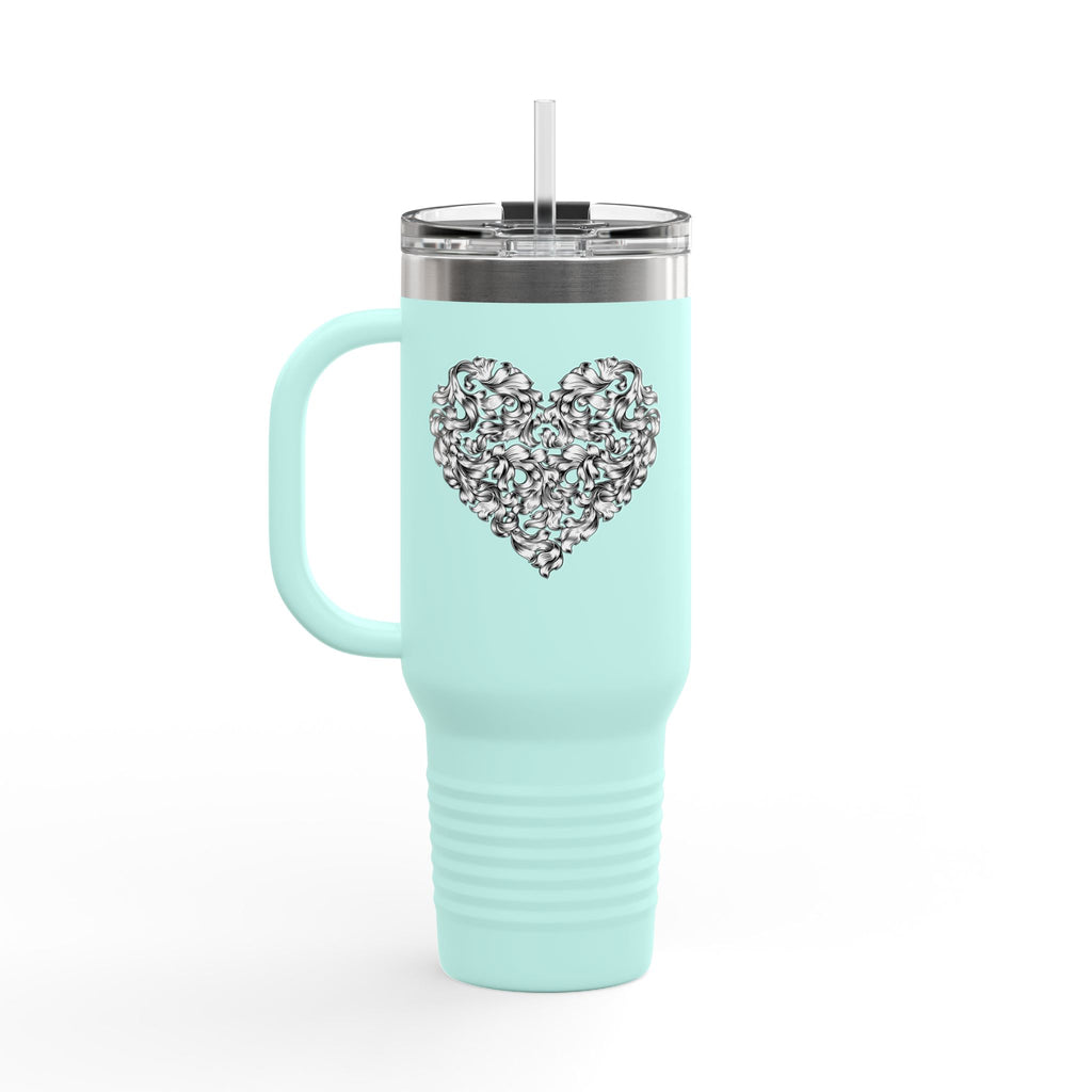40oz Insulated Travel Mug — Silver Doodle Heart Design