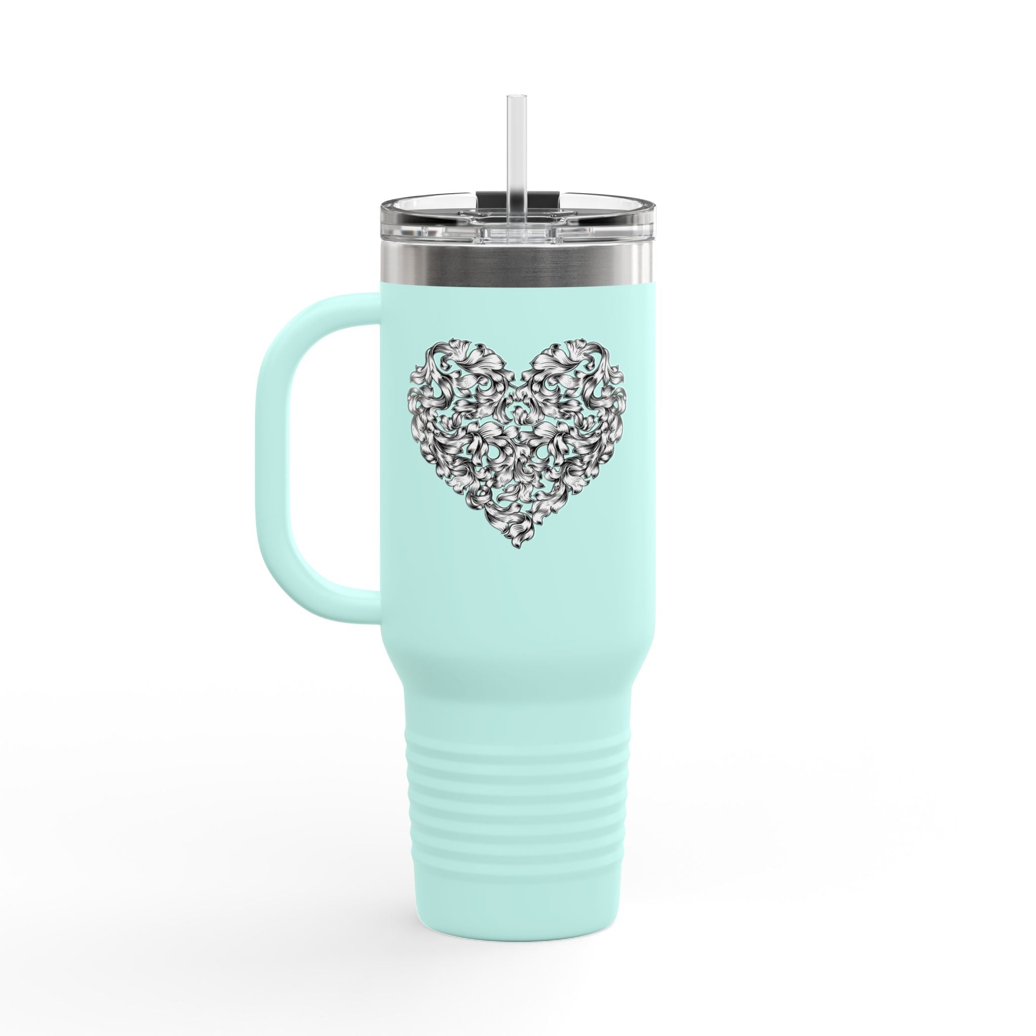 40oz Insulated Travel Mug — Silver Doodle Heart Design