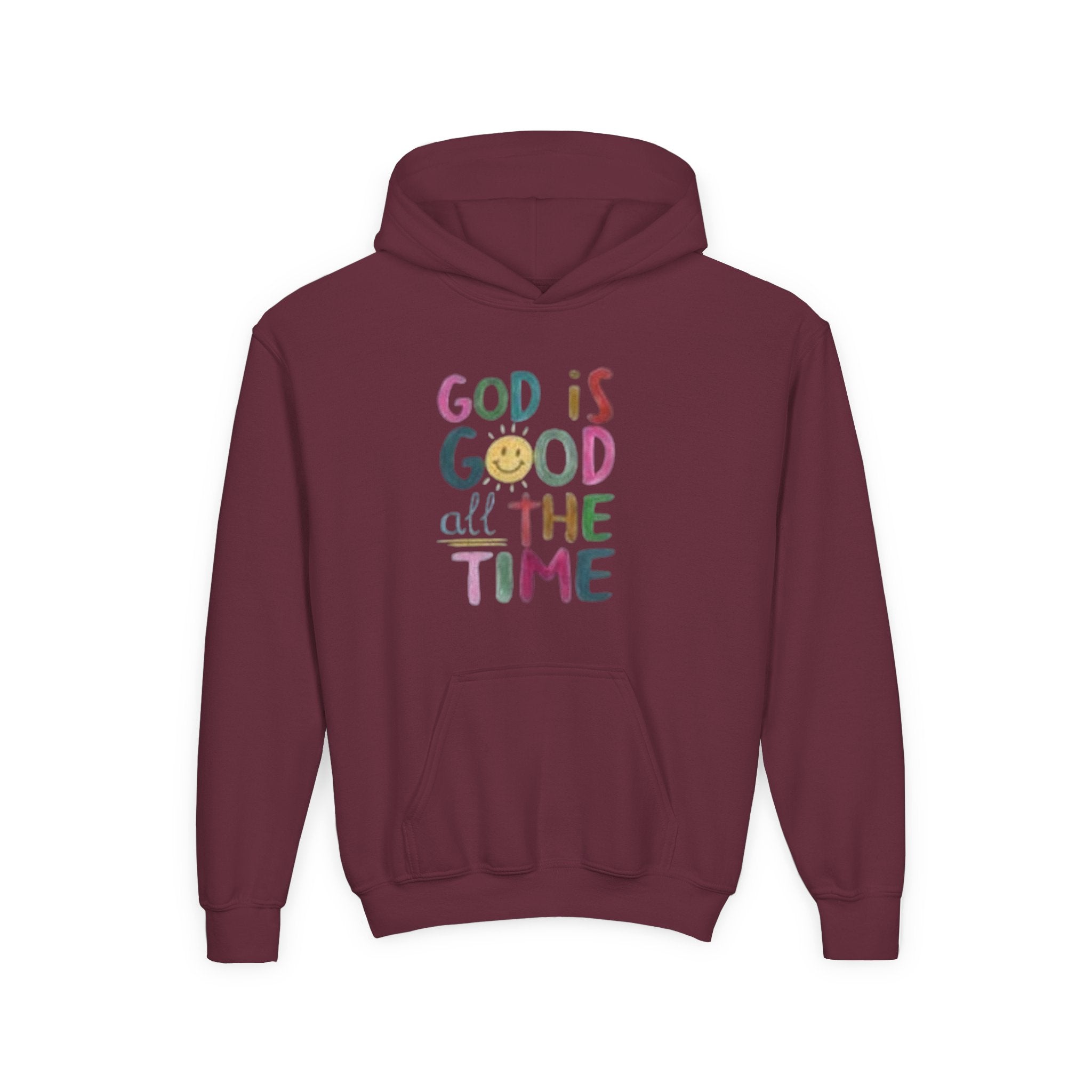 Youth Hoodie — "God Is Good All The Time" Colorful Faith Pullover