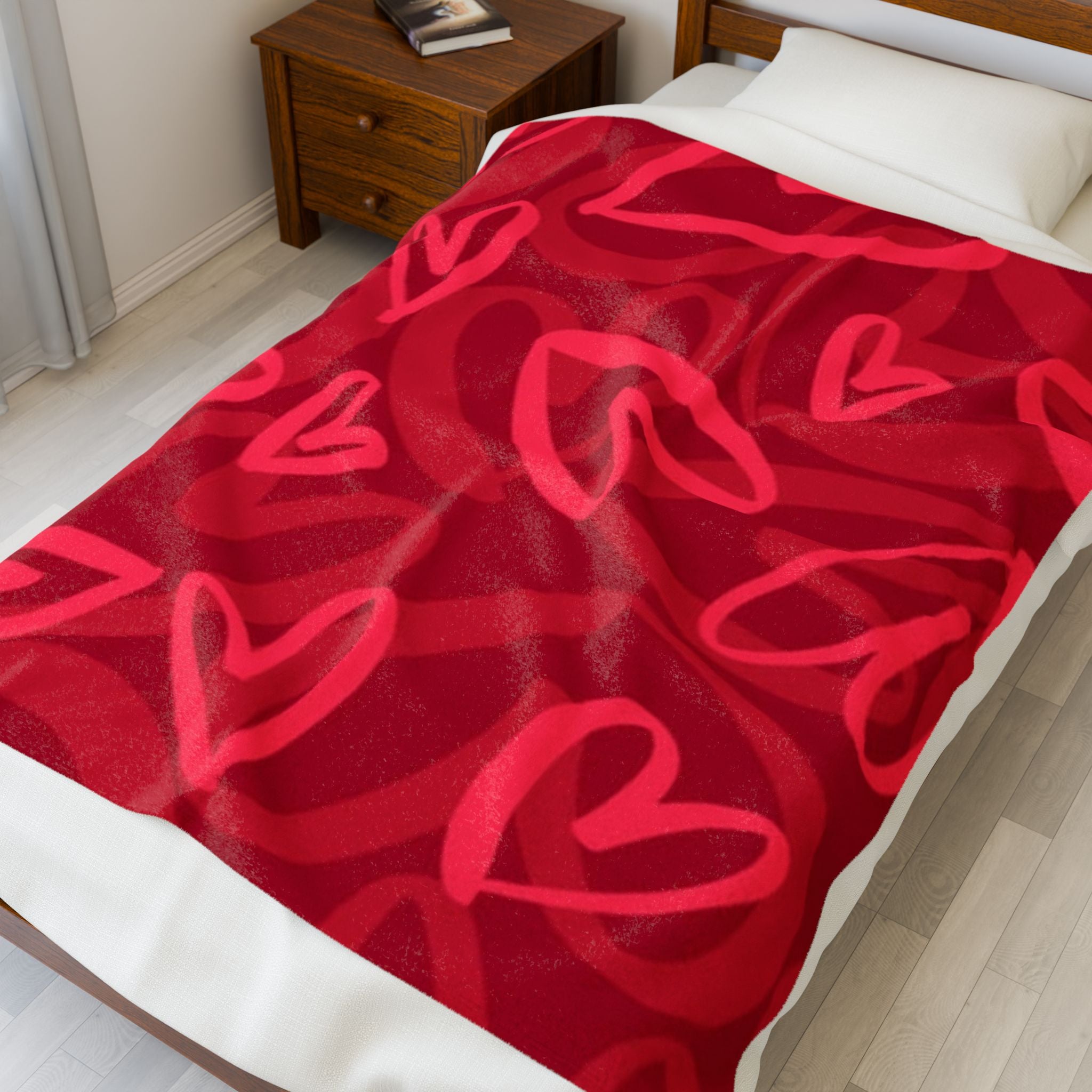 Plush Blanket — Red Heart Doodle Velveteen Throw (Valentine’s Day Gift)