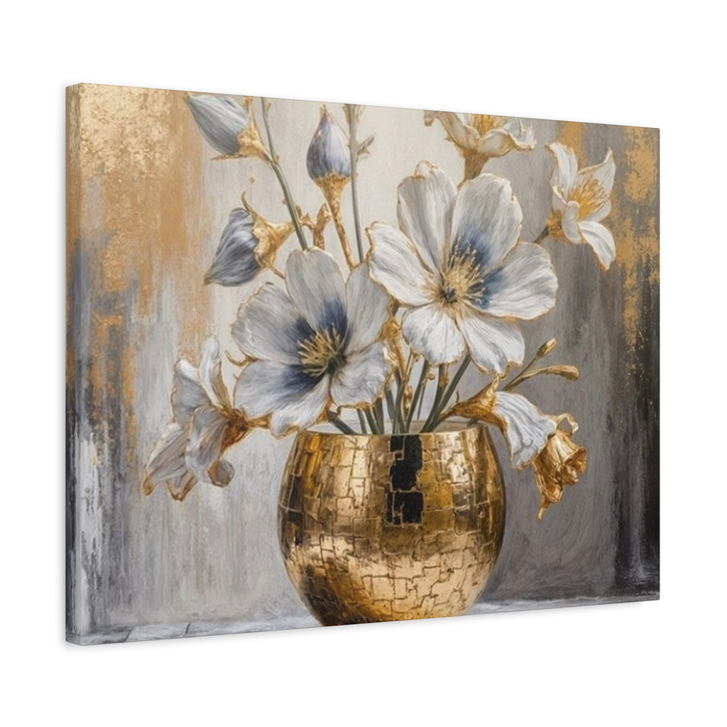 Floral Gold Vase Canvas Print — Elegant White & Blue Flower Wall Art