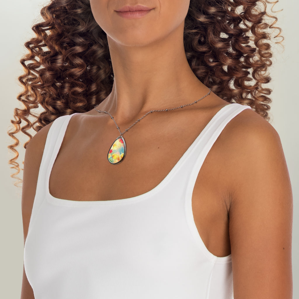 Floral Watercolor Oval Pendant Necklace — Colorful Teardrop Charm