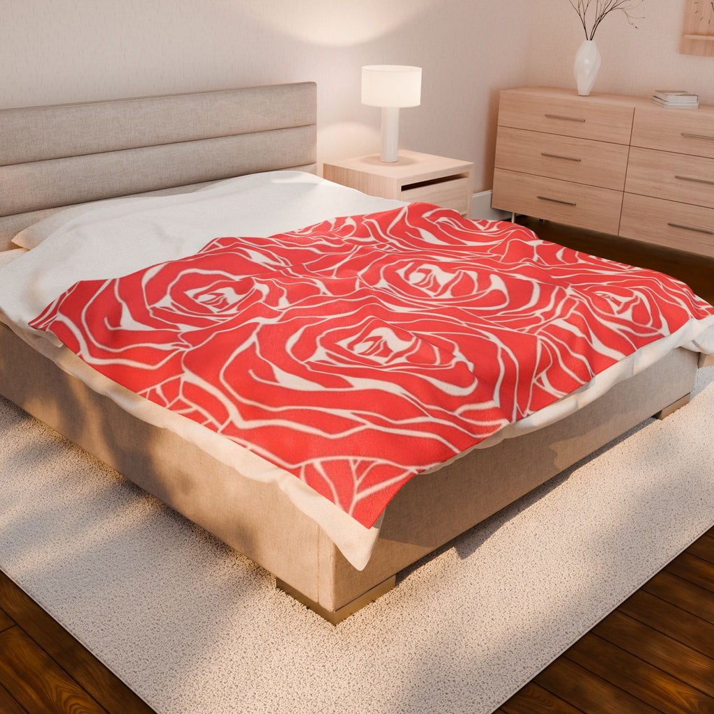 Rose Pattern Plush Blanket — Coral Velveteen Throw