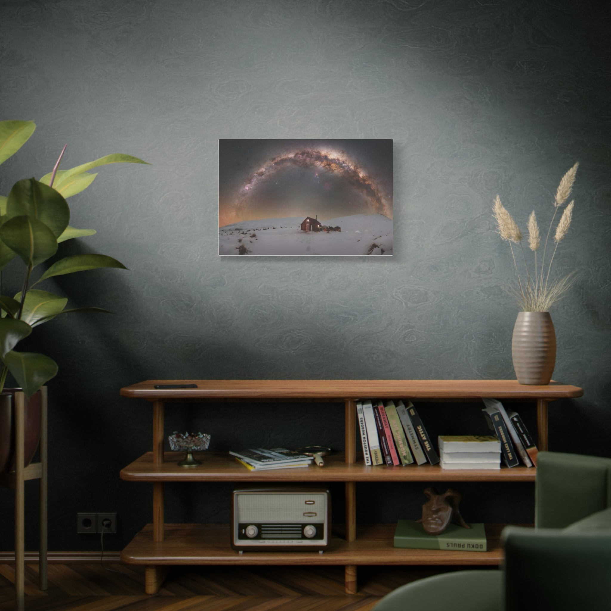 Milky Way Over Snowy Cabin — Matte Stretched Canvas Wall Art