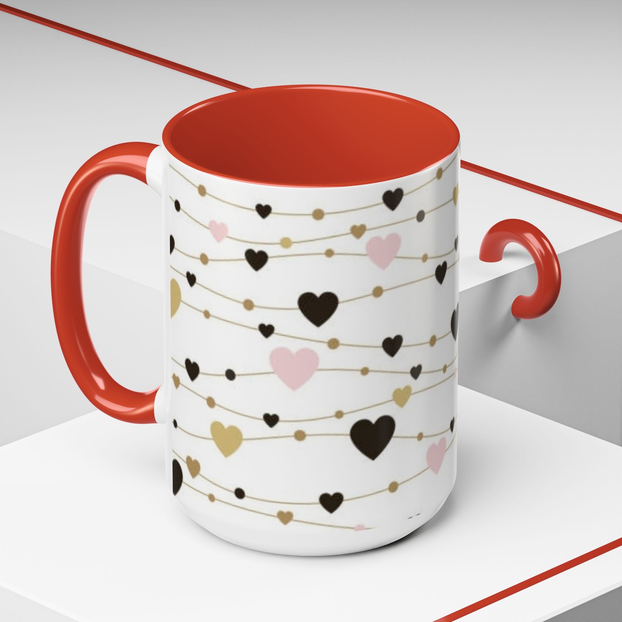 Heart Garland Accent Coffee Mug — Pink & Gold Valentine Ceramic