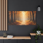 Autumn Forest Path Matte Canvas Wall Art — Golden Sunlit Woodland Scene
