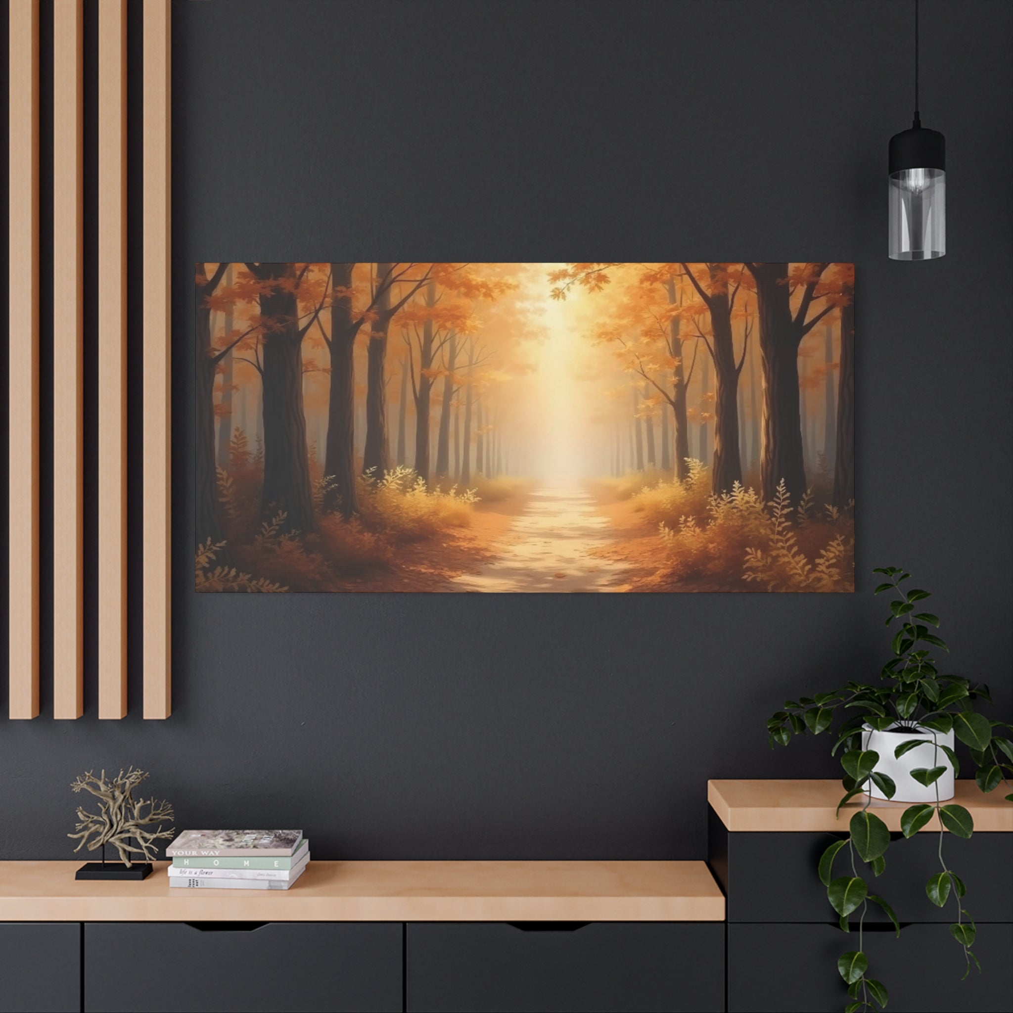 Autumn Forest Path Matte Canvas Wall Art — Golden Sunlit Woodland Scene