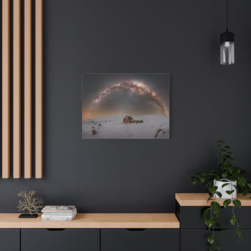 Milky Way Over Snowy Cabin — Matte Stretched Canvas Wall Art