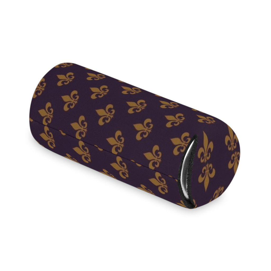 Fleur-de-Lis Can Cooler – Gold on Deep Purple Beverage Koozie