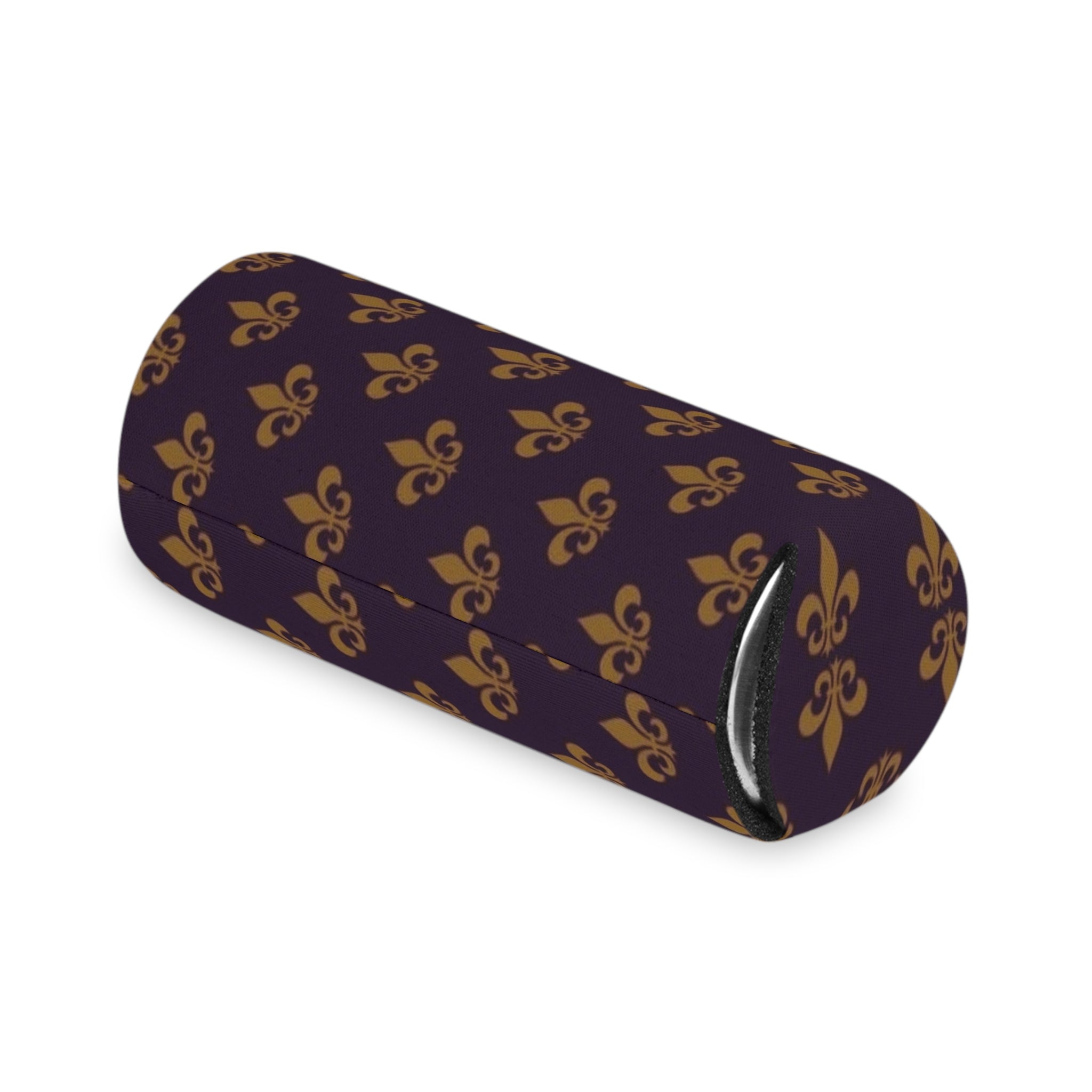 Fleur-de-Lis Can Cooler – Gold on Deep Purple Beverage Koozie