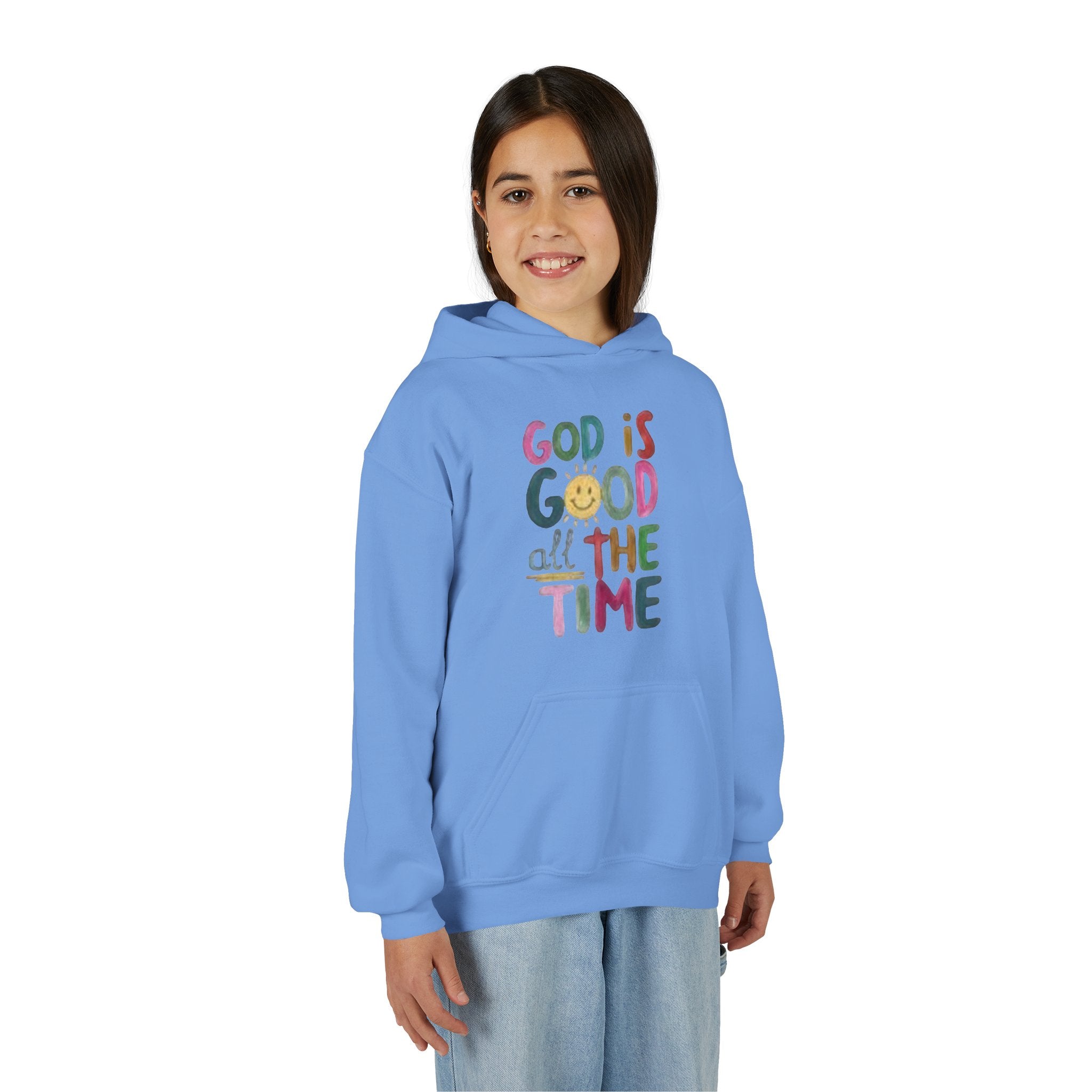 Youth Hoodie — "God Is Good All The Time" Colorful Faith Pullover