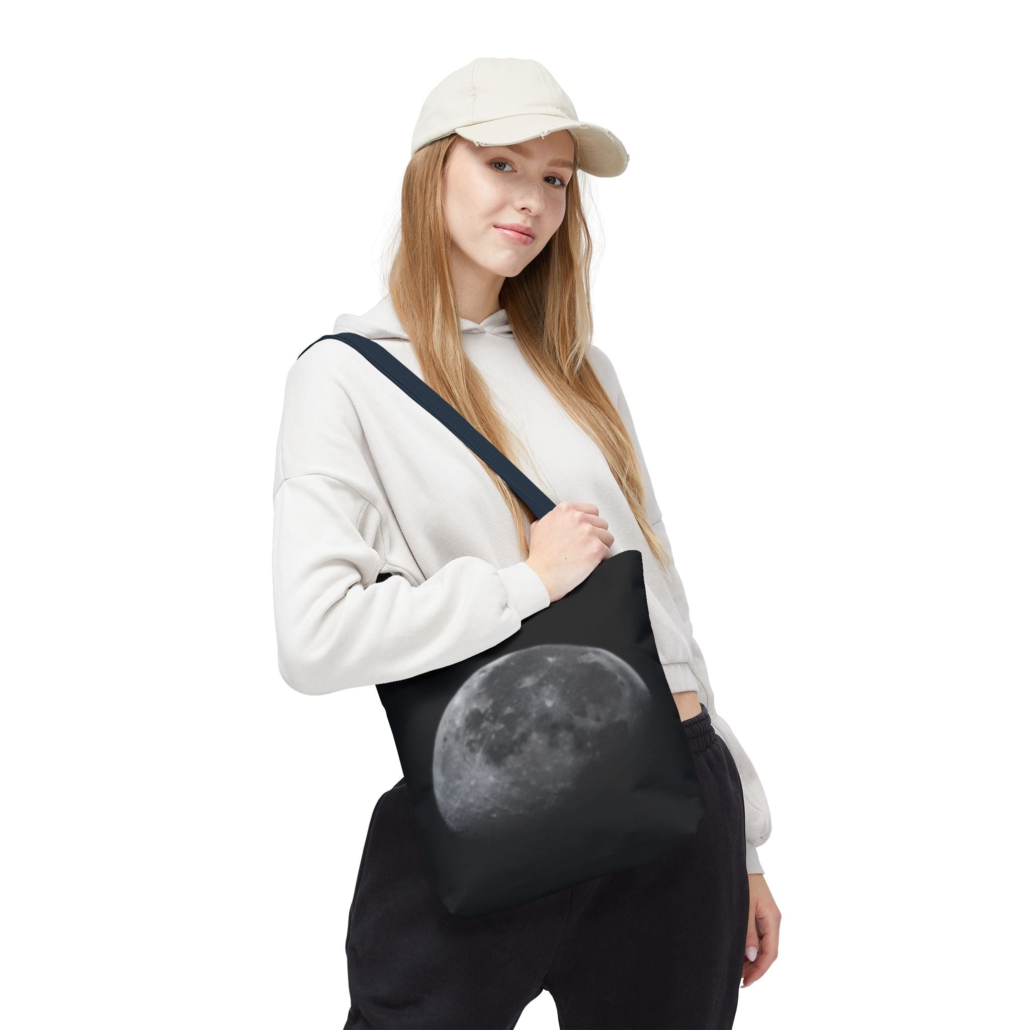 Full Moon Black Tote Bag — Moon Phase AOP Canvas Tote for Night Lovers