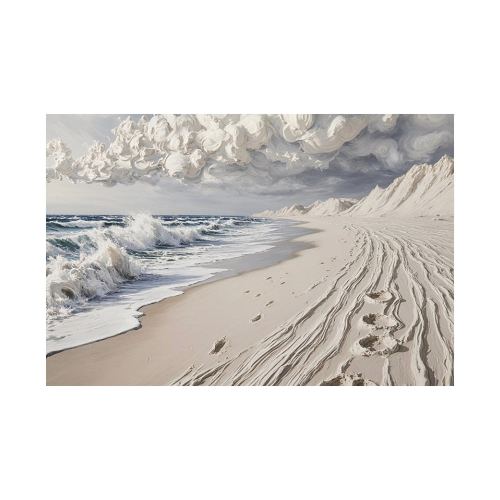 Coastal Serenity Matte Canvas Wall Art — Ocean Waves & Sandy Footprints