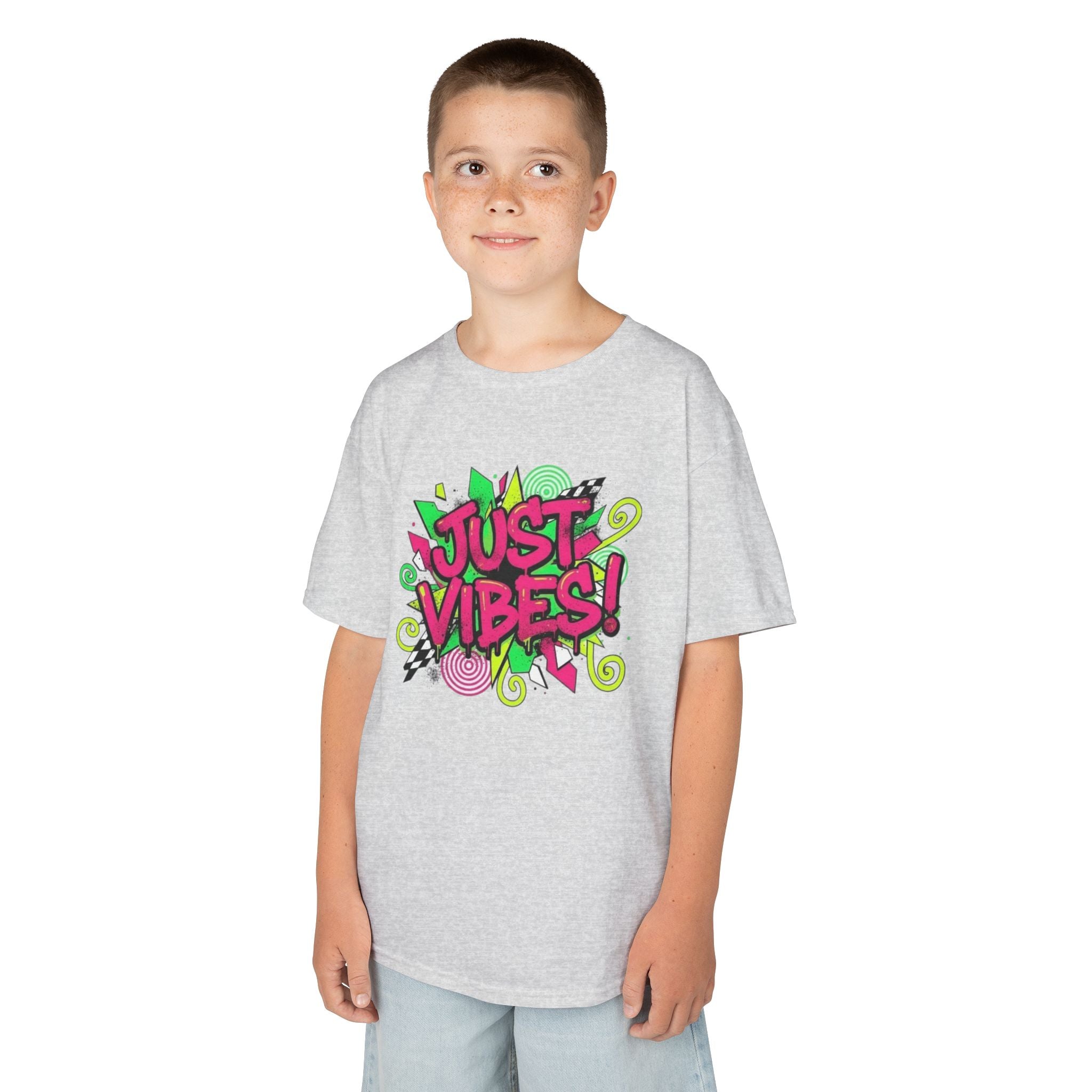 Kids T‑Shirt — "Just Vibes" Neon Graffiti Graphic Tee for Playful, Trendy Kids