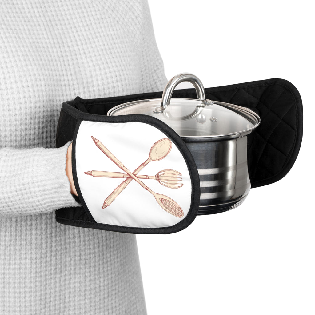 Double Oven Mitts - Black Quilted Kitchen Grabber with Wooden Spoon Design